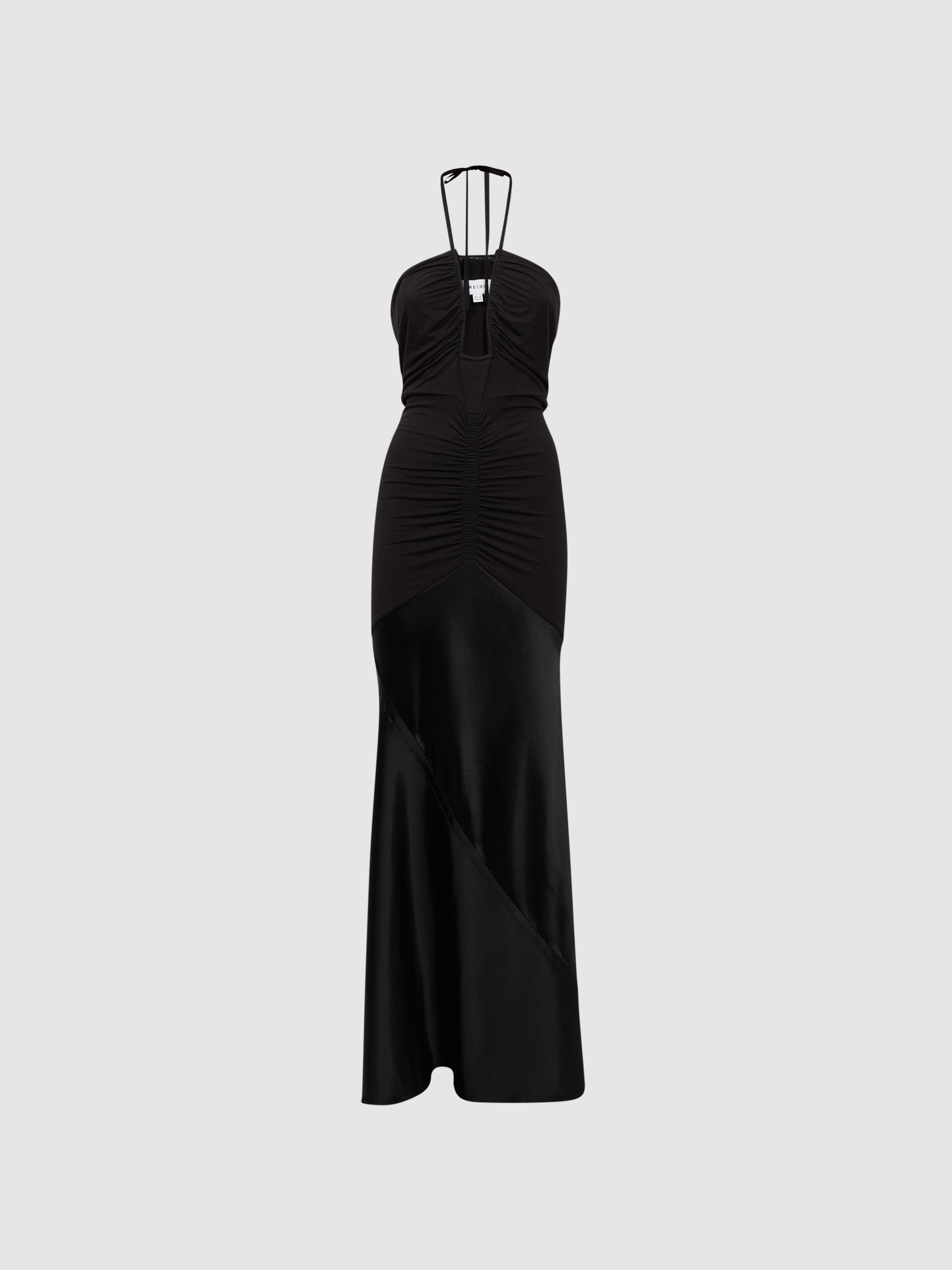 Fitted Plunge Neck Satin Maxi Dress in Black - REISS