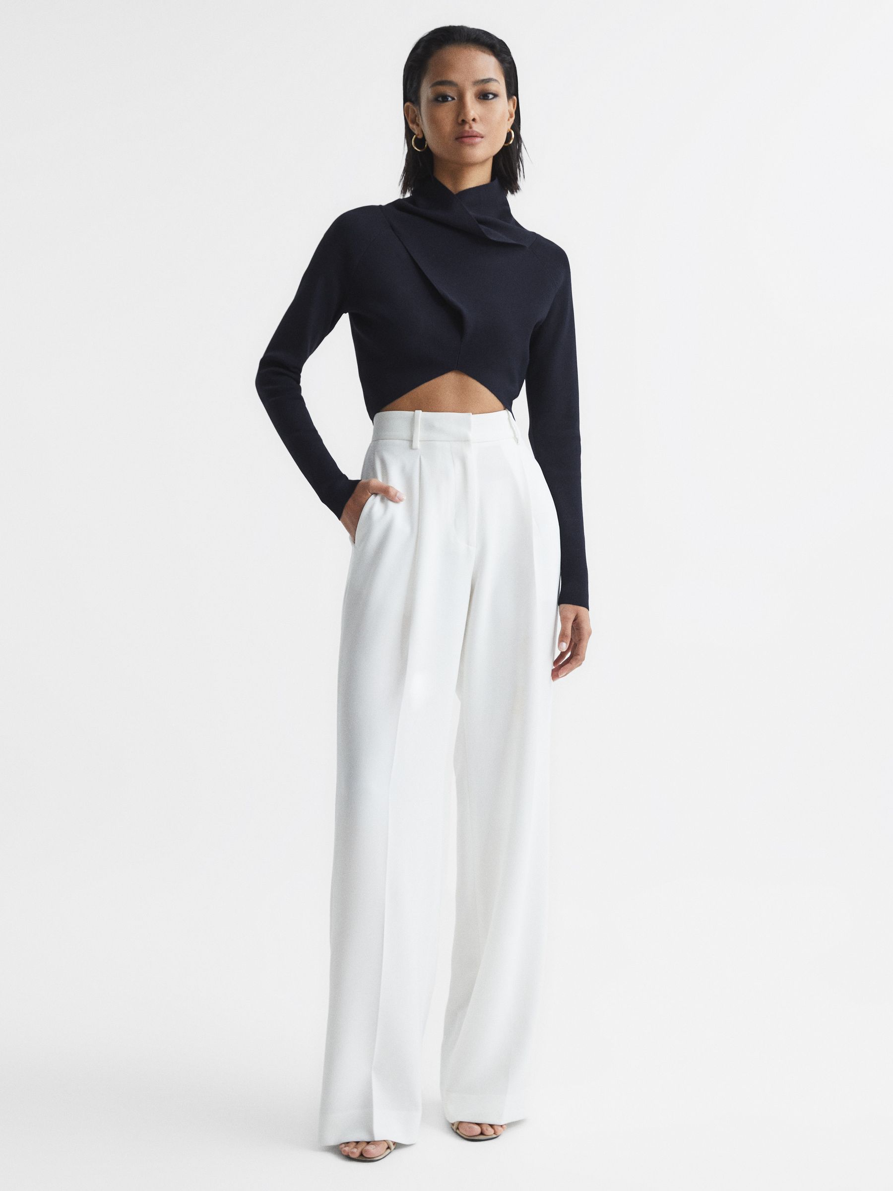 High Neck Cropped Co Ord Top in Navy - REISS