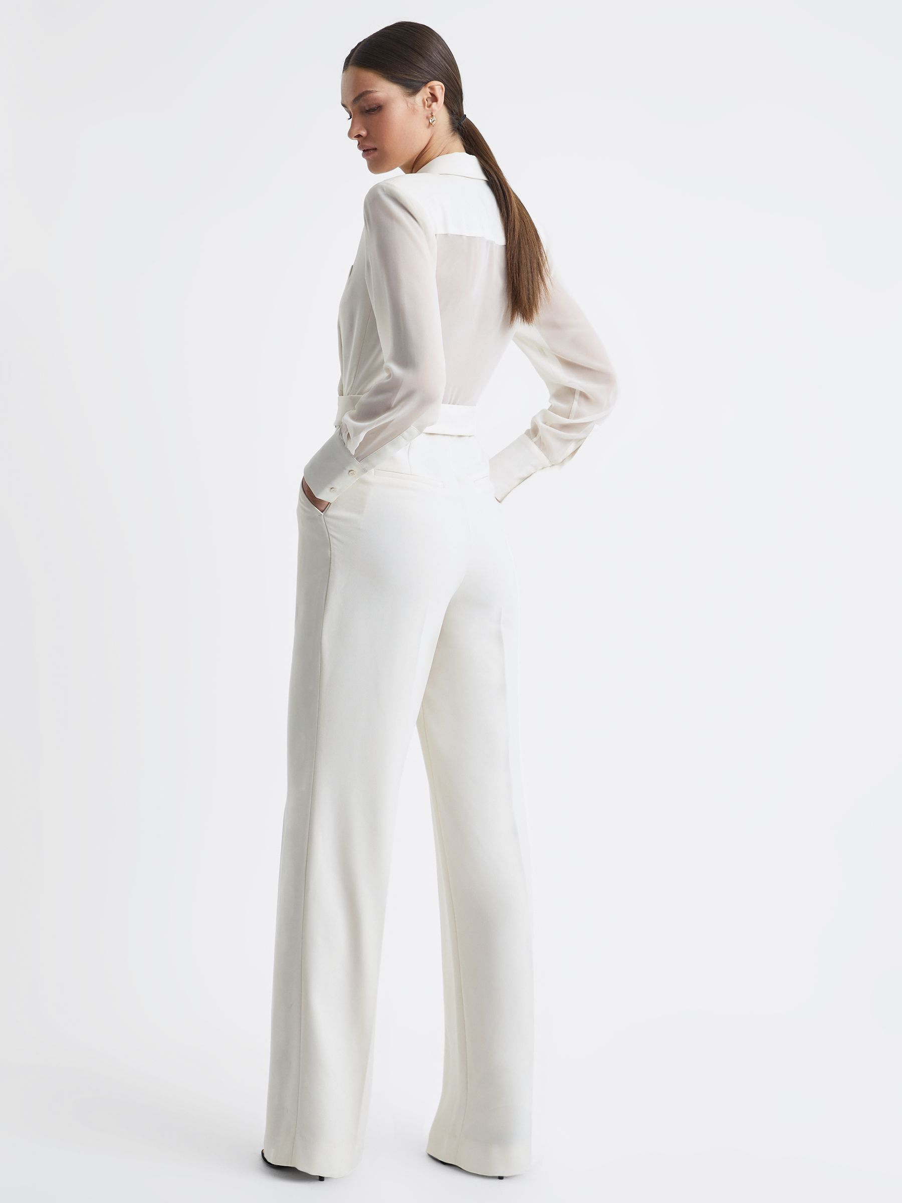 Sheer Belted Double Breasted Jumpsuit in Ivory - REISS