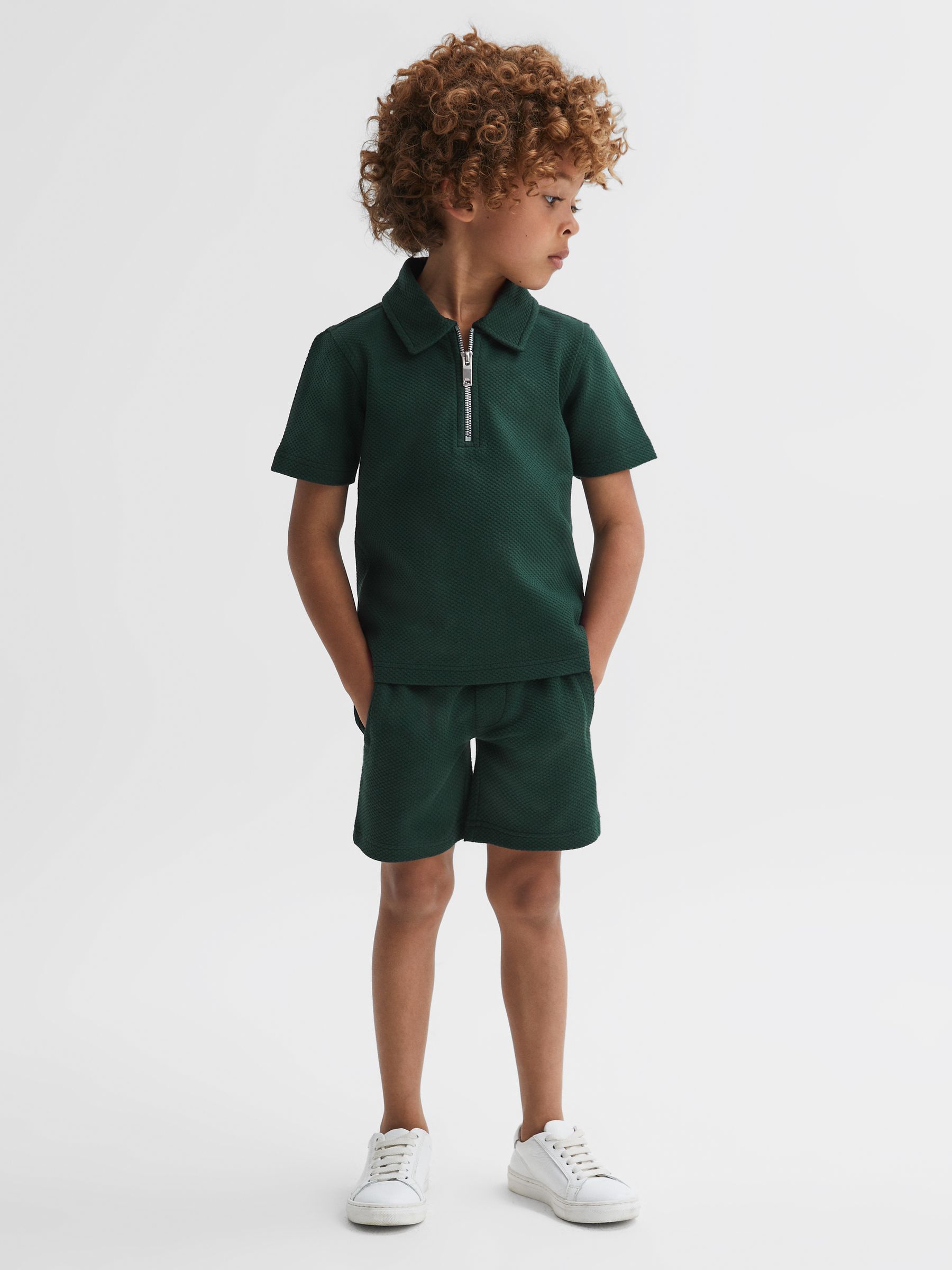 Junior Textured Half-Zip Polo Shirt in Emerald - REISS