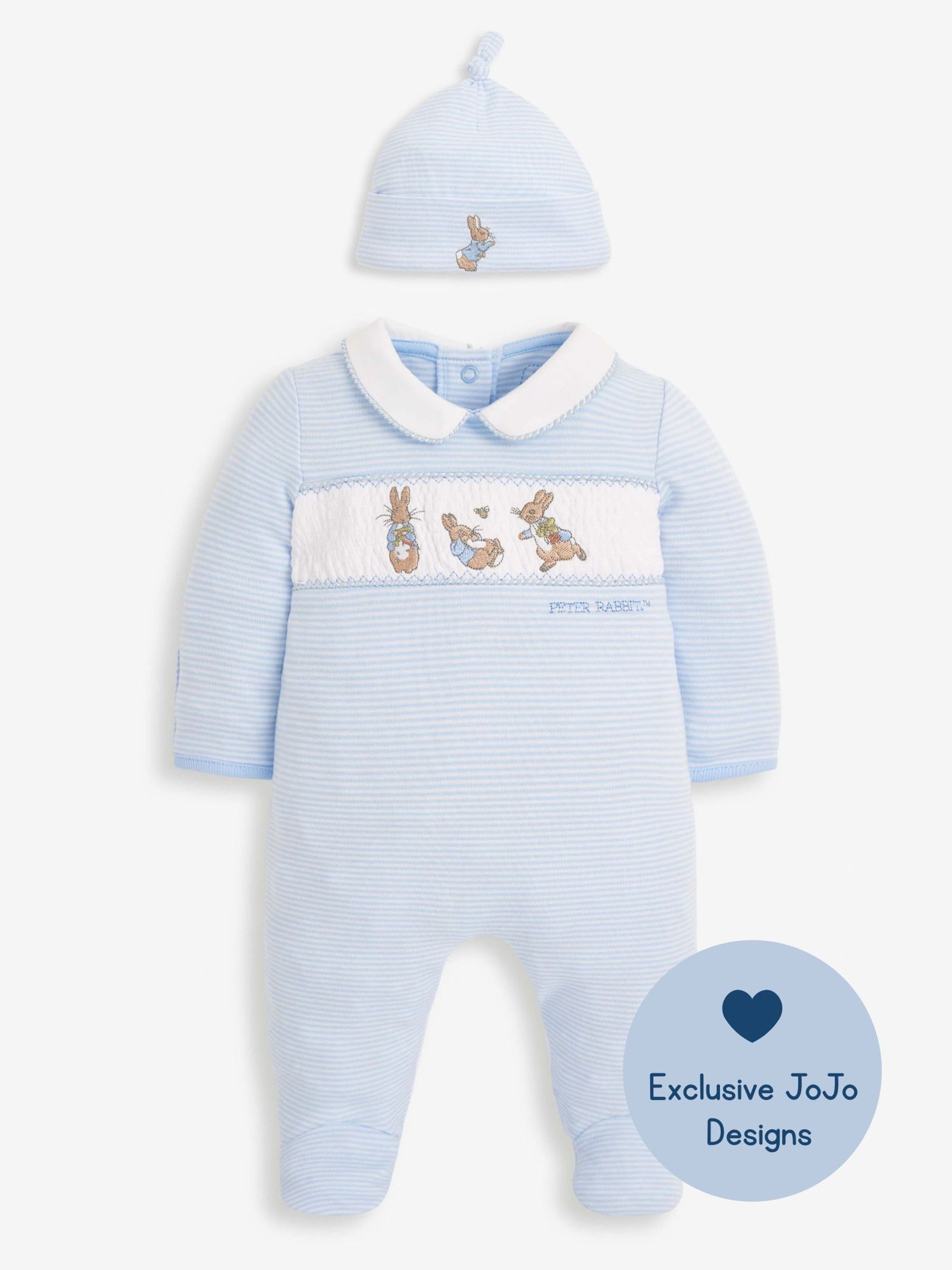 Buy Blue 2-Piece Peter Rabbit Smocked Baby Sleepsuit & Hat Set from the ...