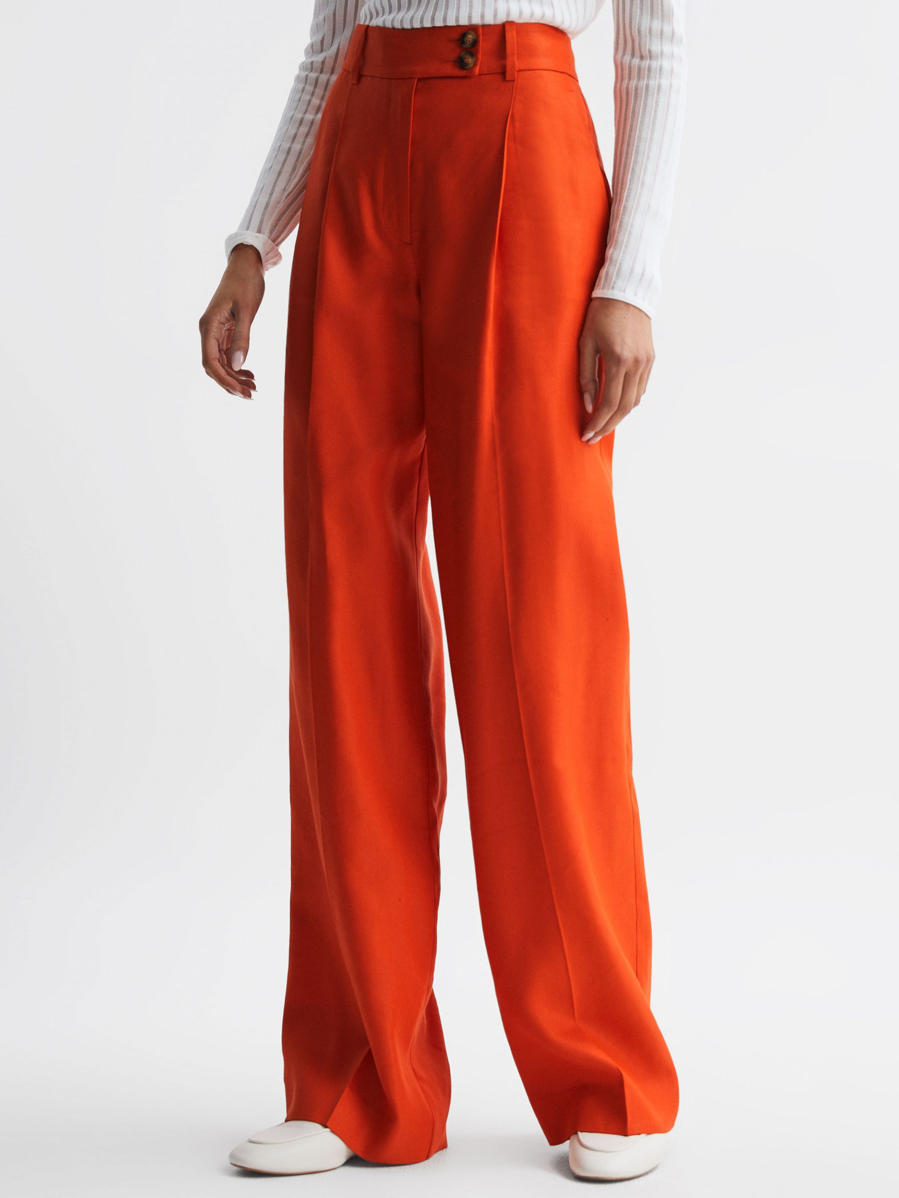 Petite Wide Leg Linen Trousers in Orange - REISS