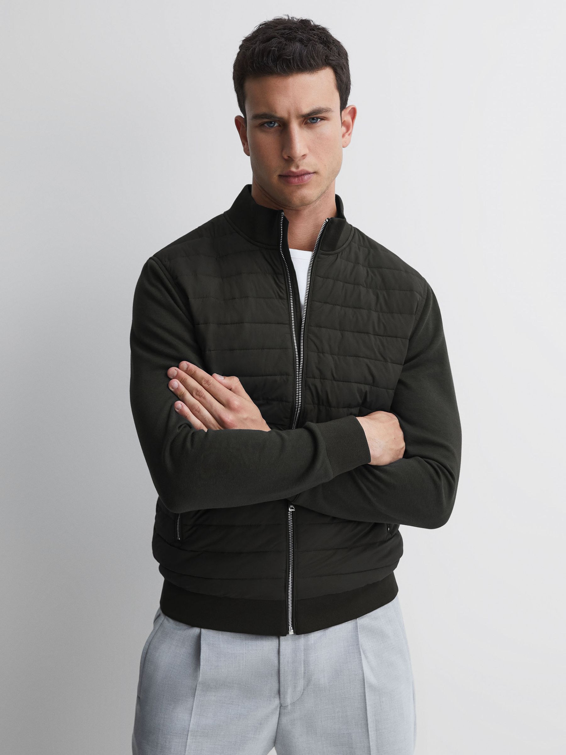 Reiss Flintoff Hybrid Quilt and Knit Zip-Through Jacket | REISS USA