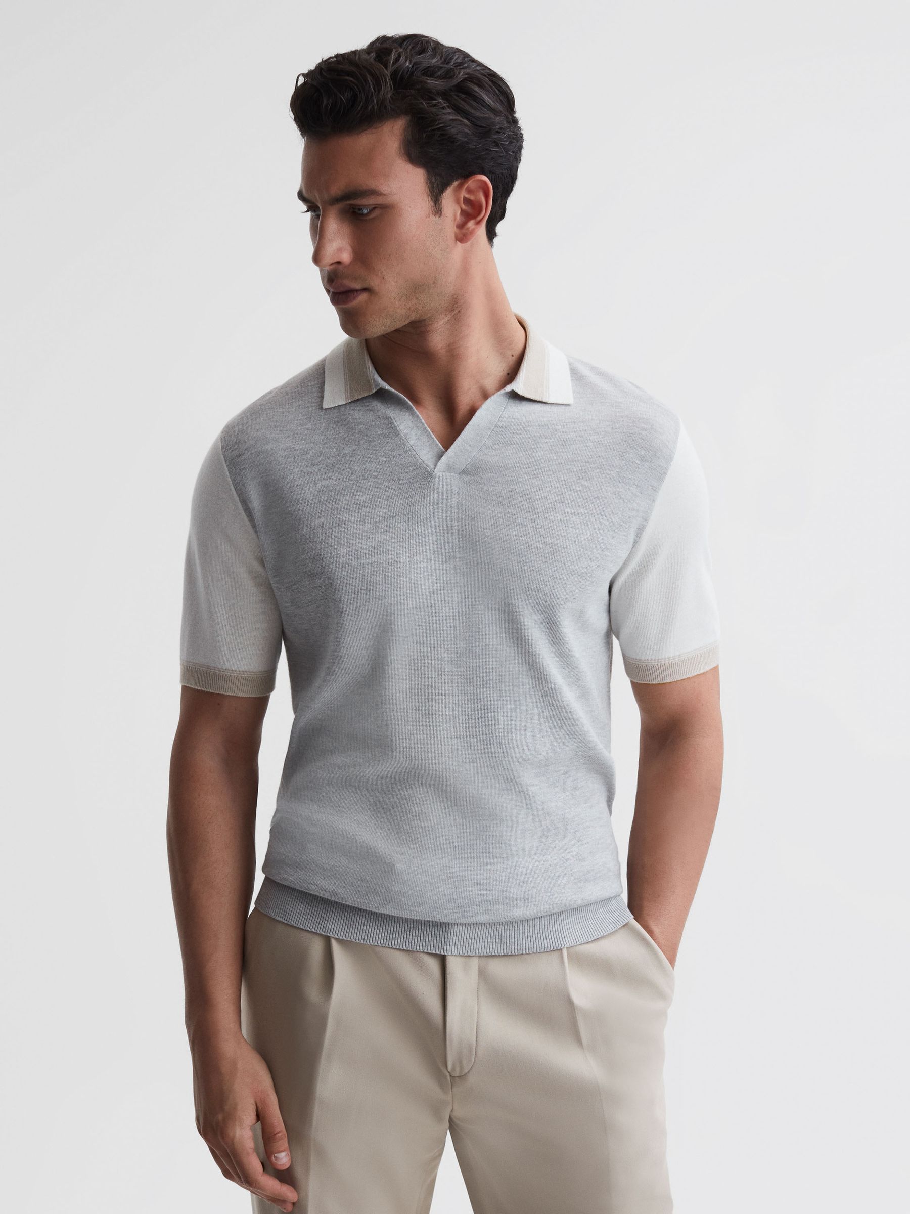 Open Collar Striped T-Shirt in Soft Grey/White - REISS