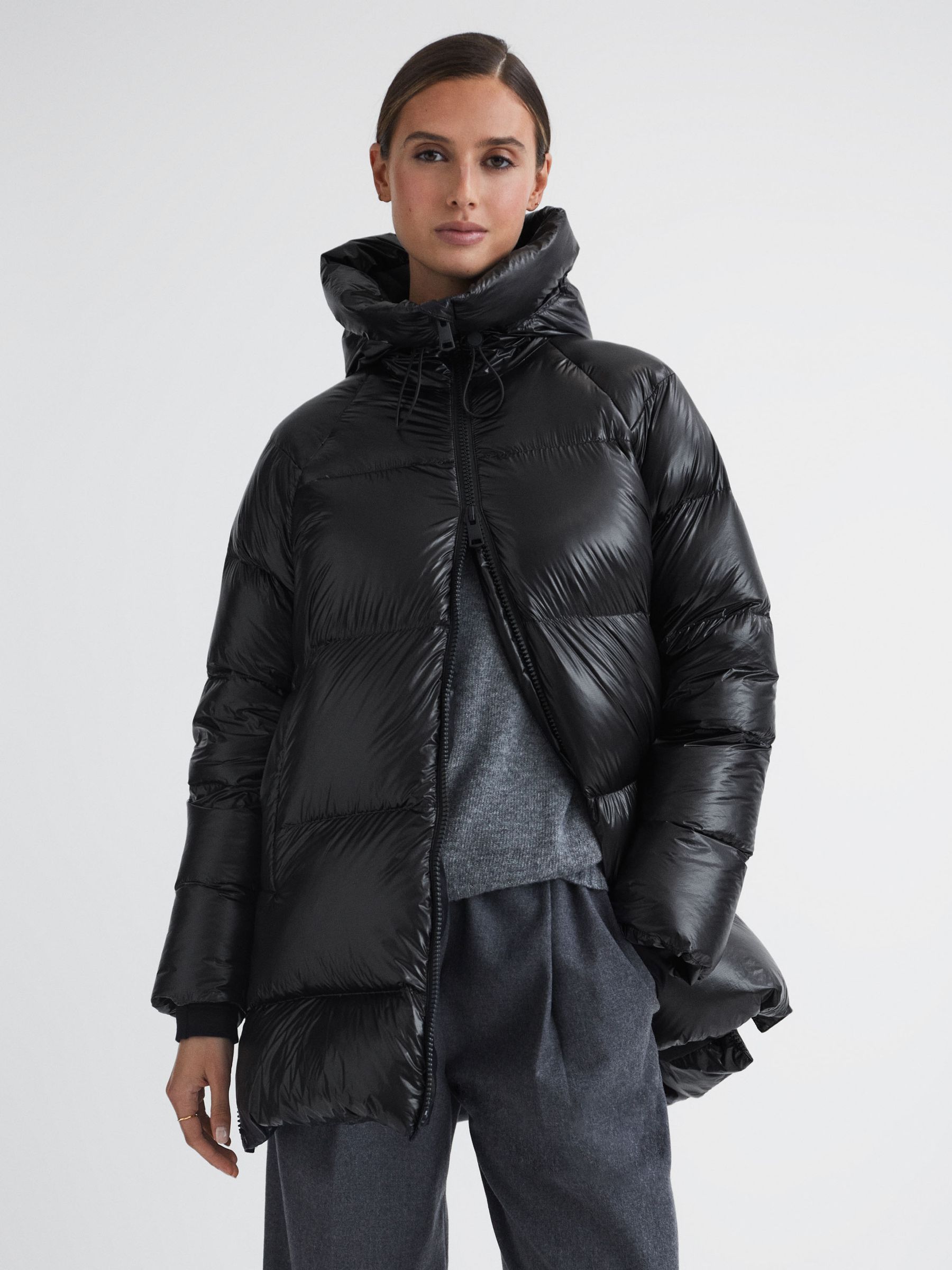 Shiny Mid Length Puffer Coat in Black - REISS