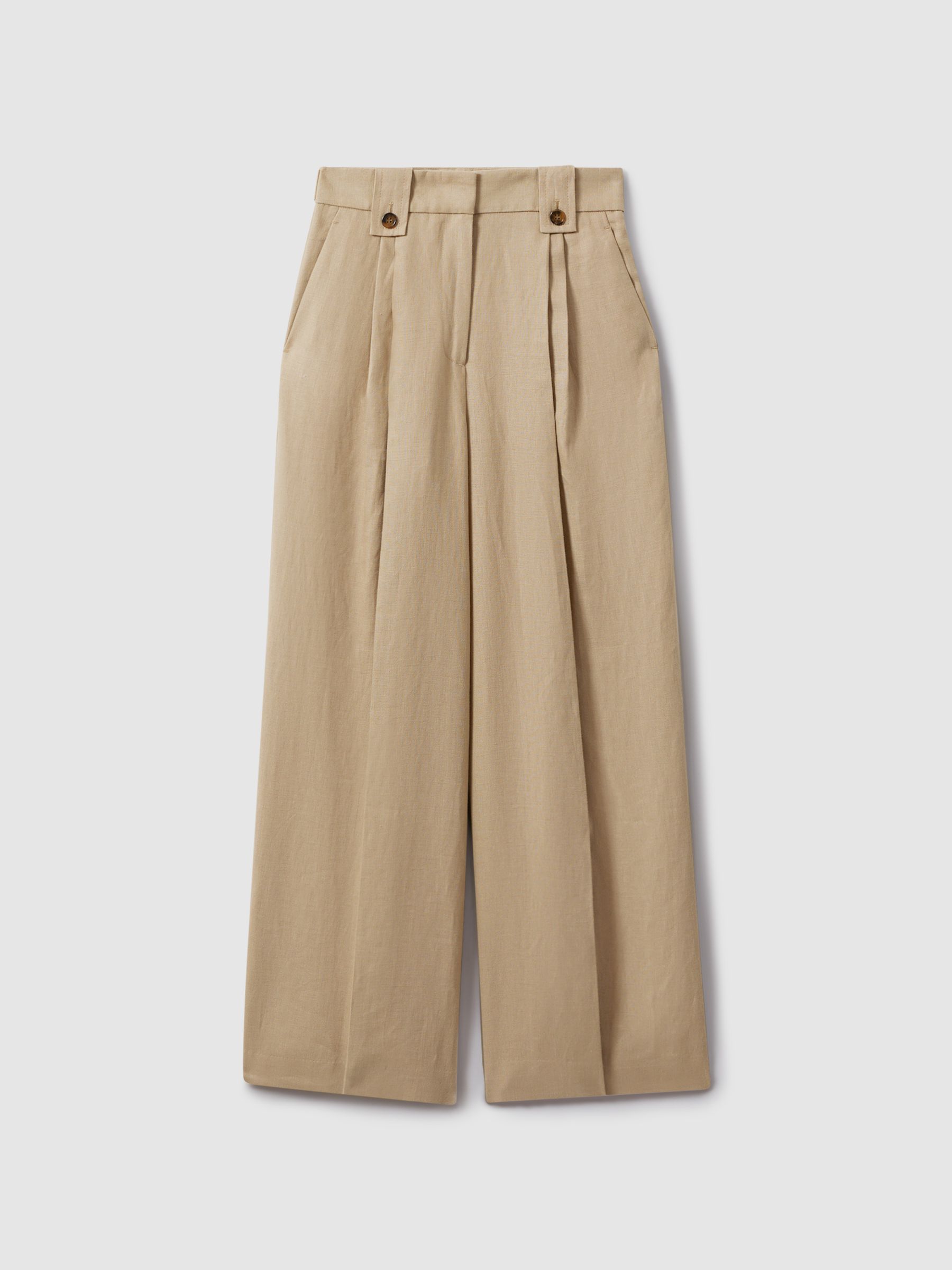 Linen Front Pleat Trousers In Light Khaki - Reiss