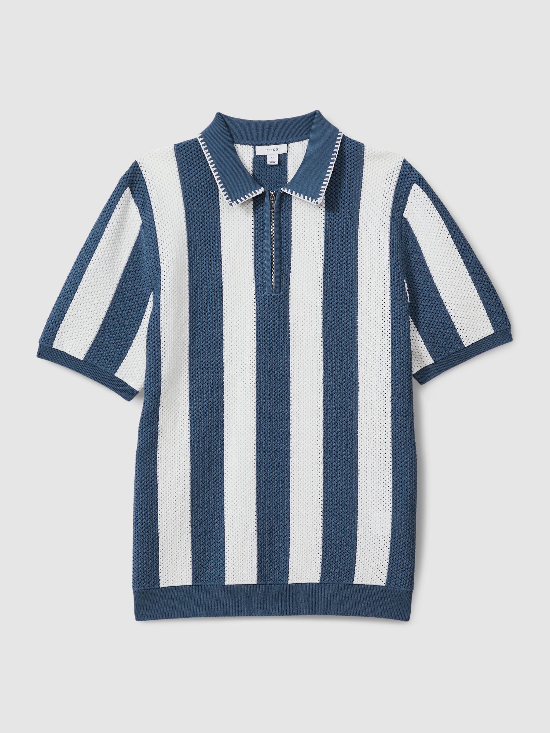 Knitted Half-Zip Polo Shirt in Airforce Blue/Ecru - REISS