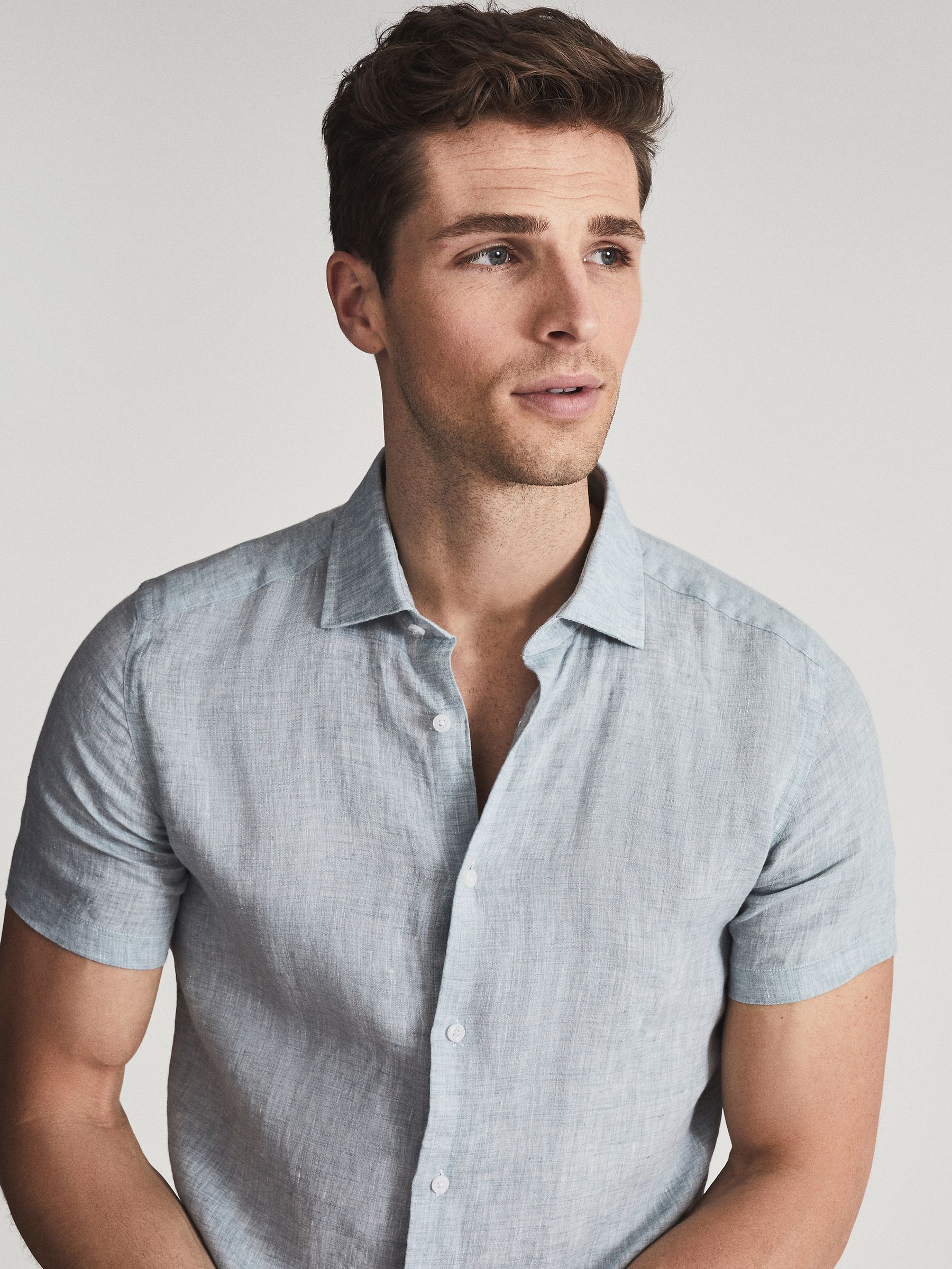 Linen Slim Fit Shirt in Blue - REISS