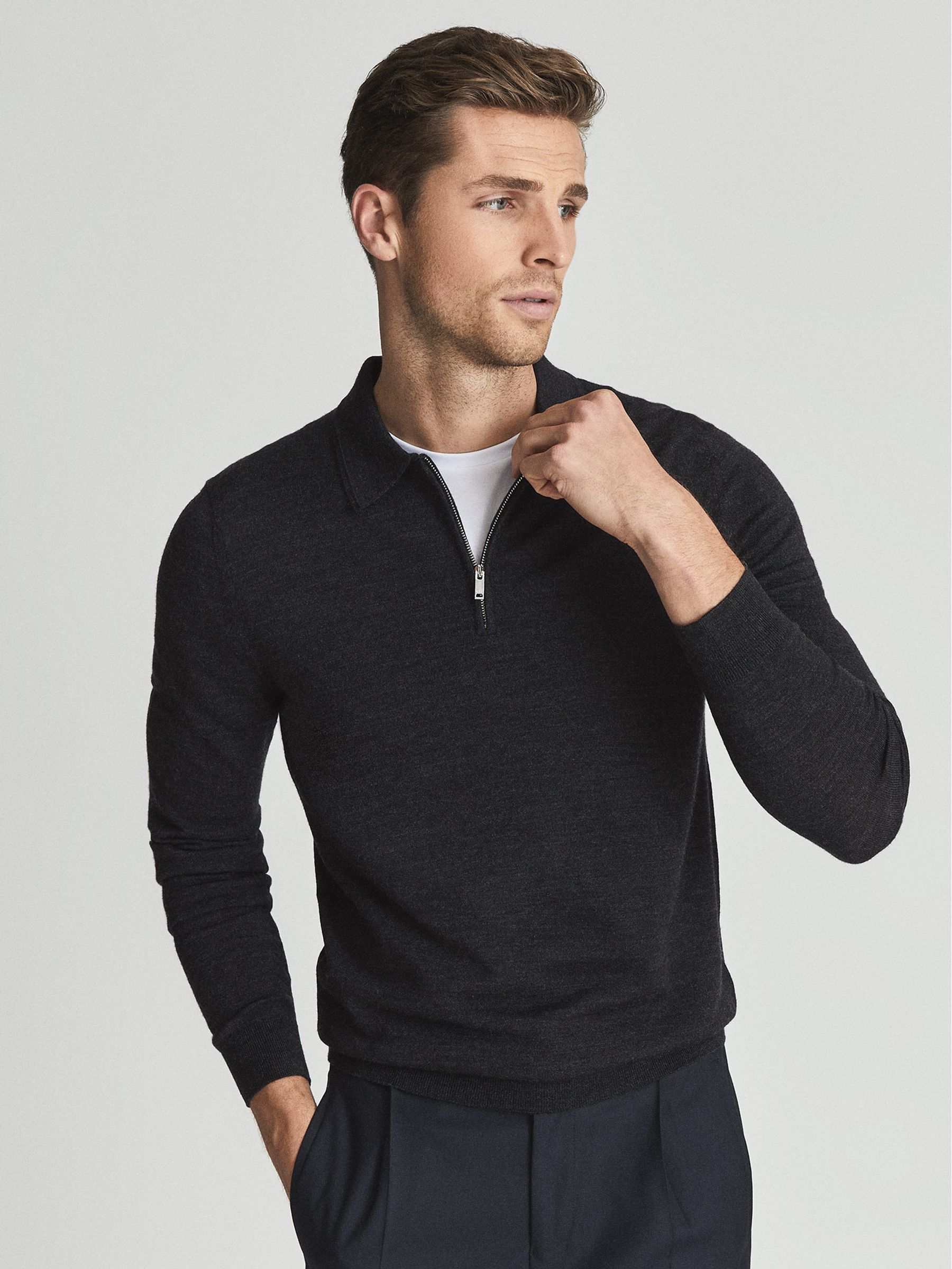 Merino Wool Zip Neck Polo Shirt in Charcoal Melange - REISS