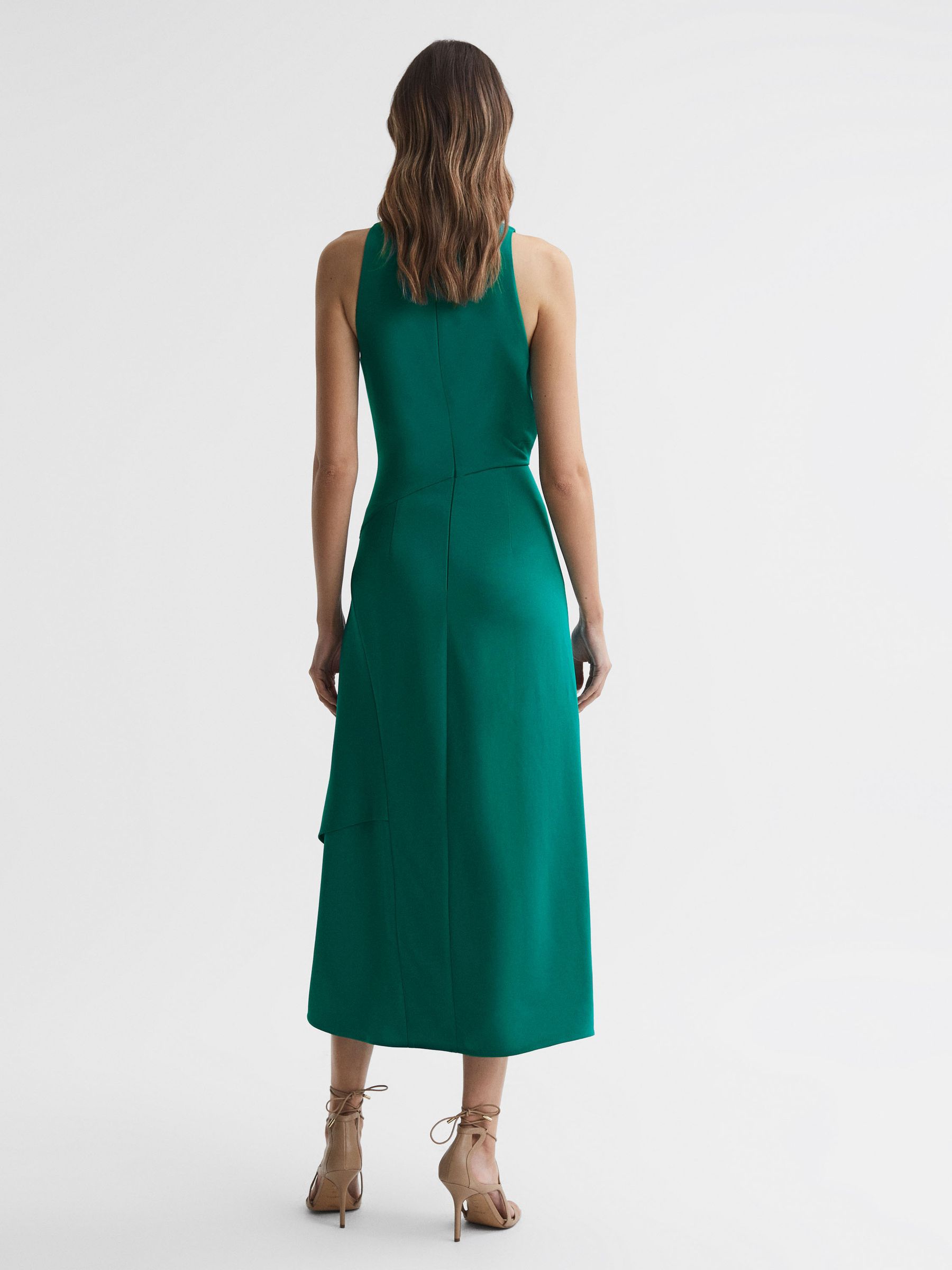 High Neck Draped Midi Dress in Green - REISS