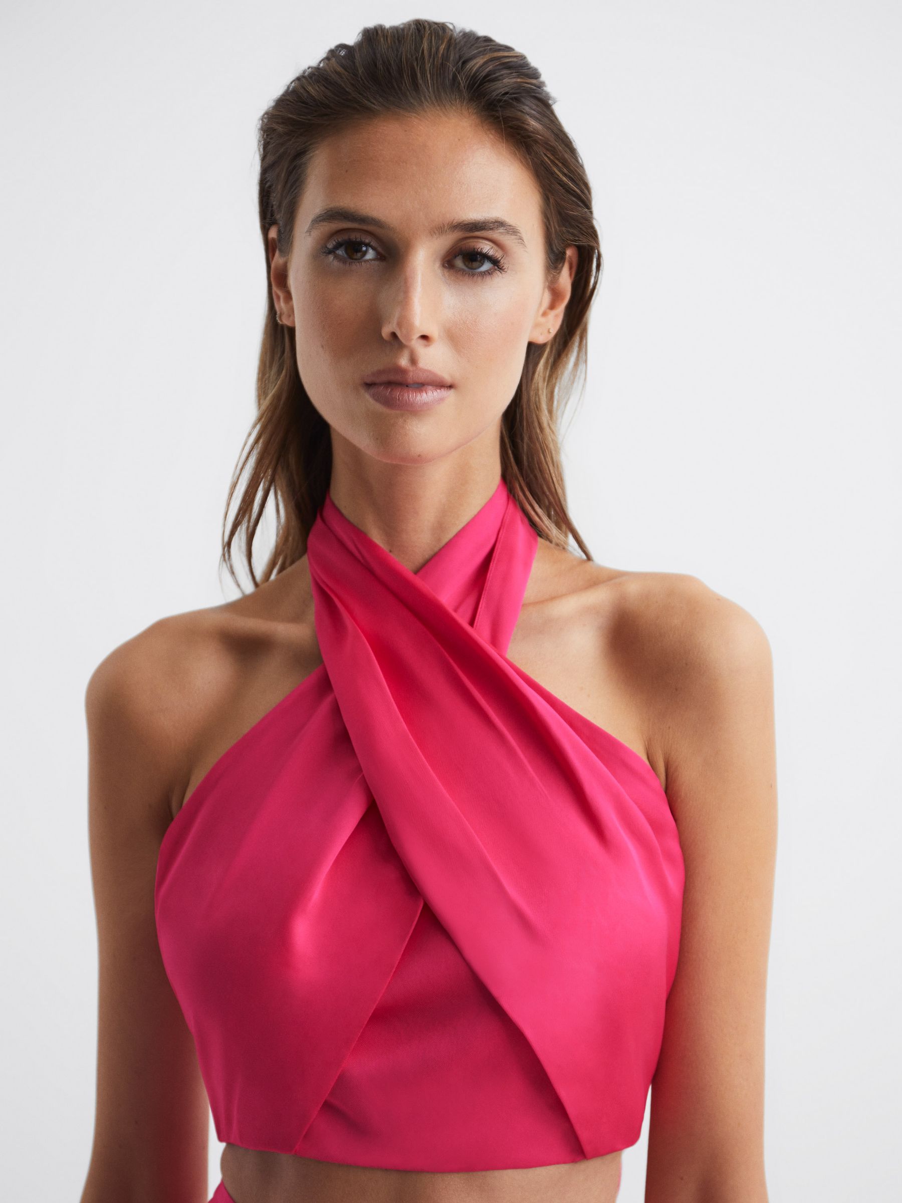 Cropped Halter Occasion Top in Pink - REISS