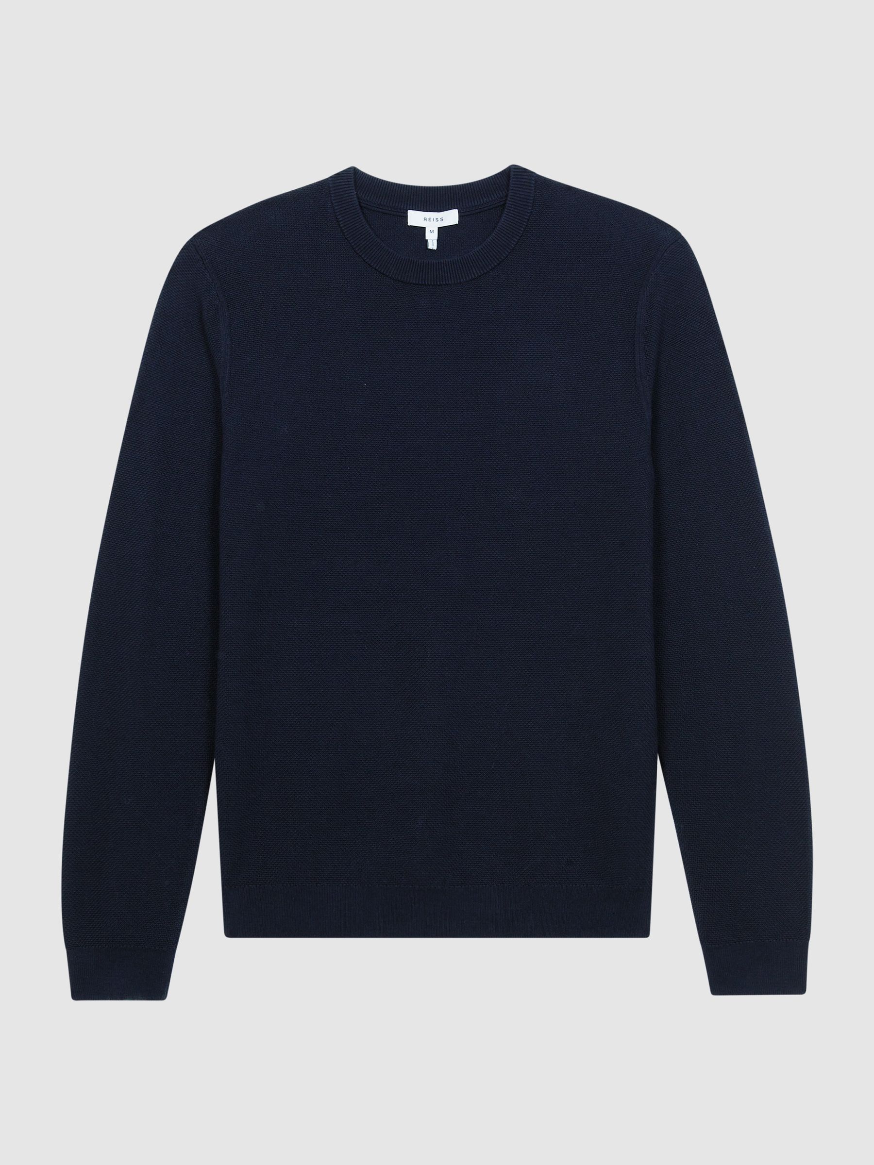 Stitch Interest Crew Neck Jumper in Navy - REISS