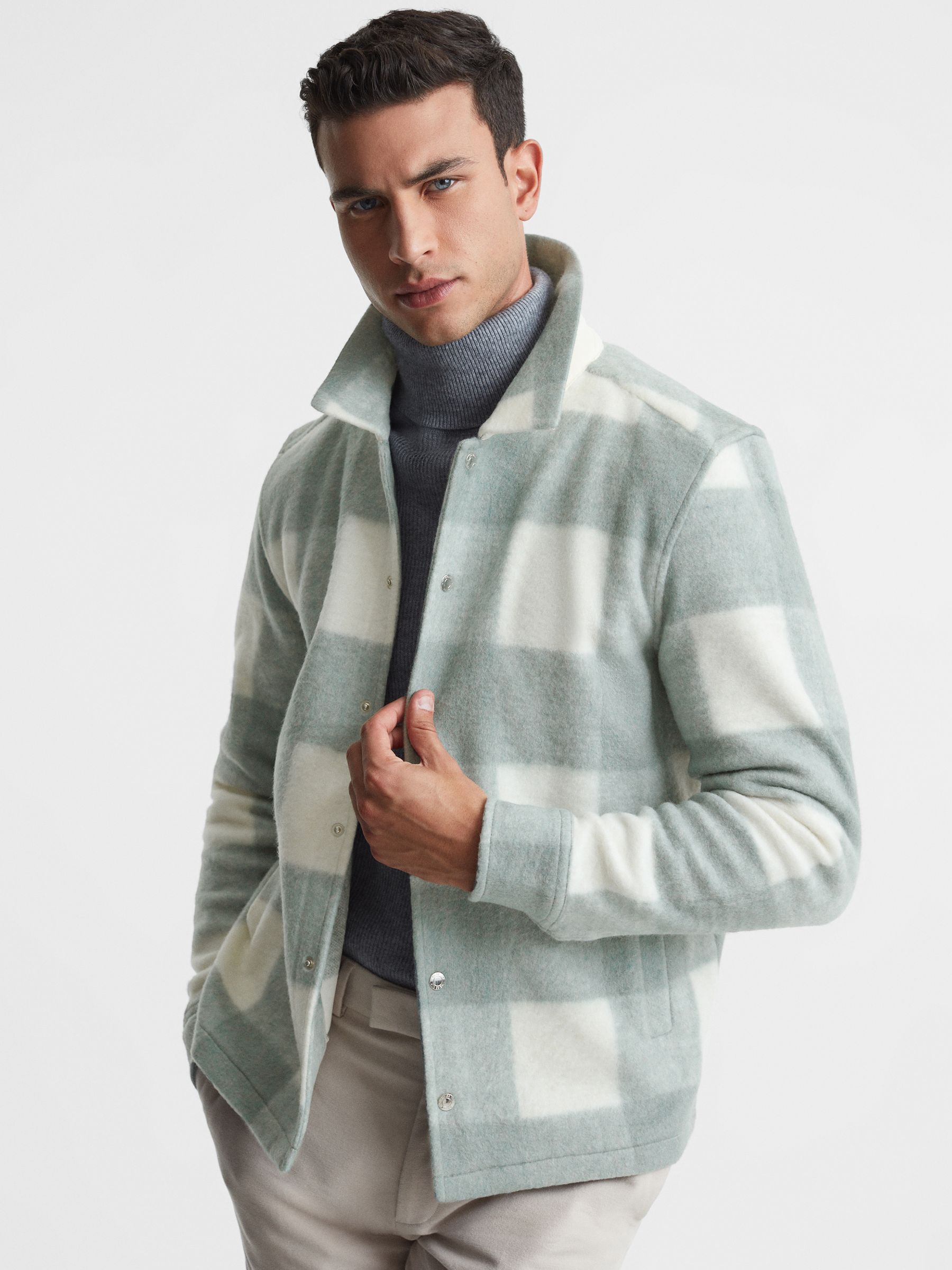 Brushed Check Overshirt in Sage/White - REISS
