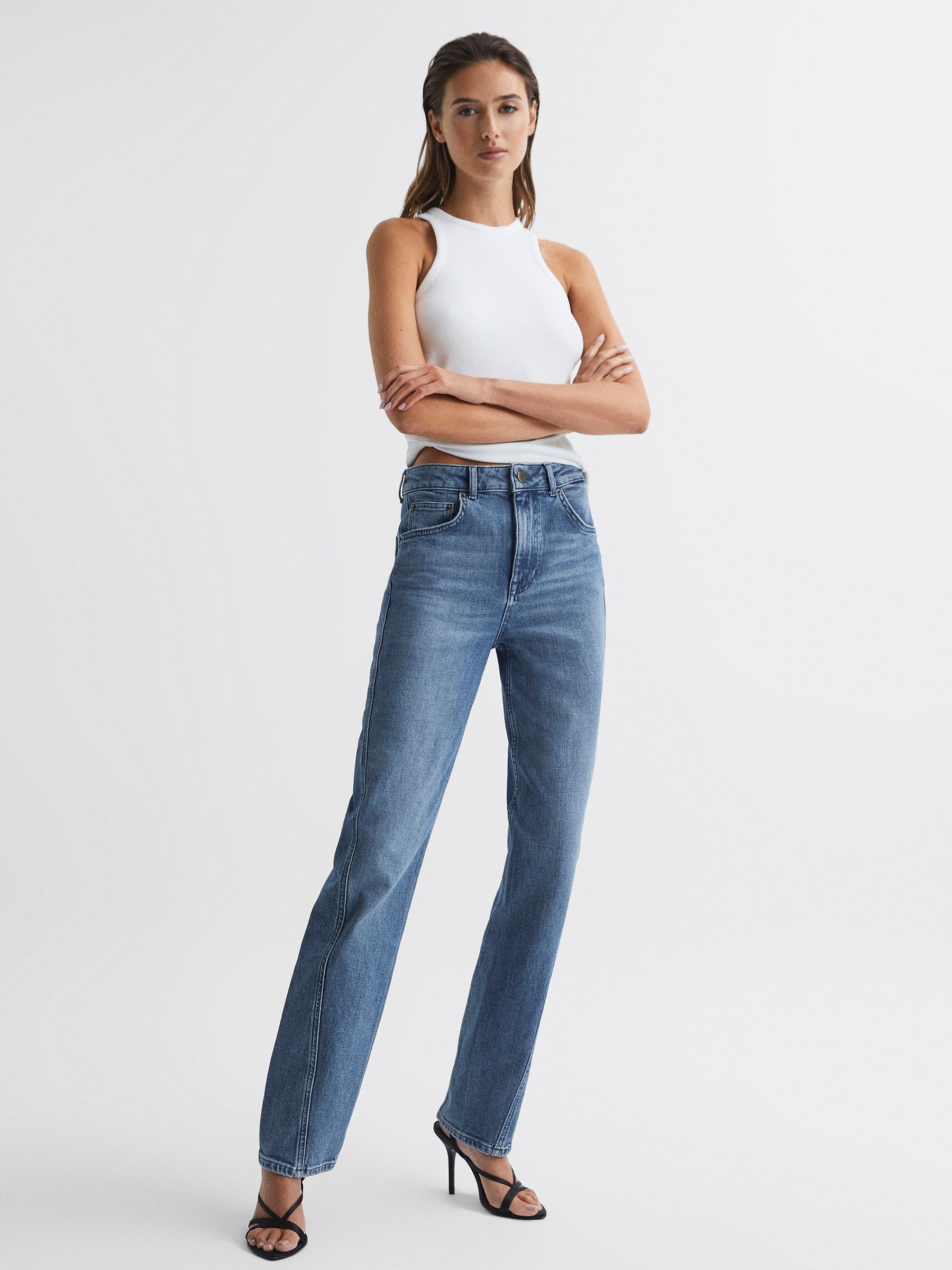 Mid Rise Straight Leg Jeans in Mid Blue - REISS
