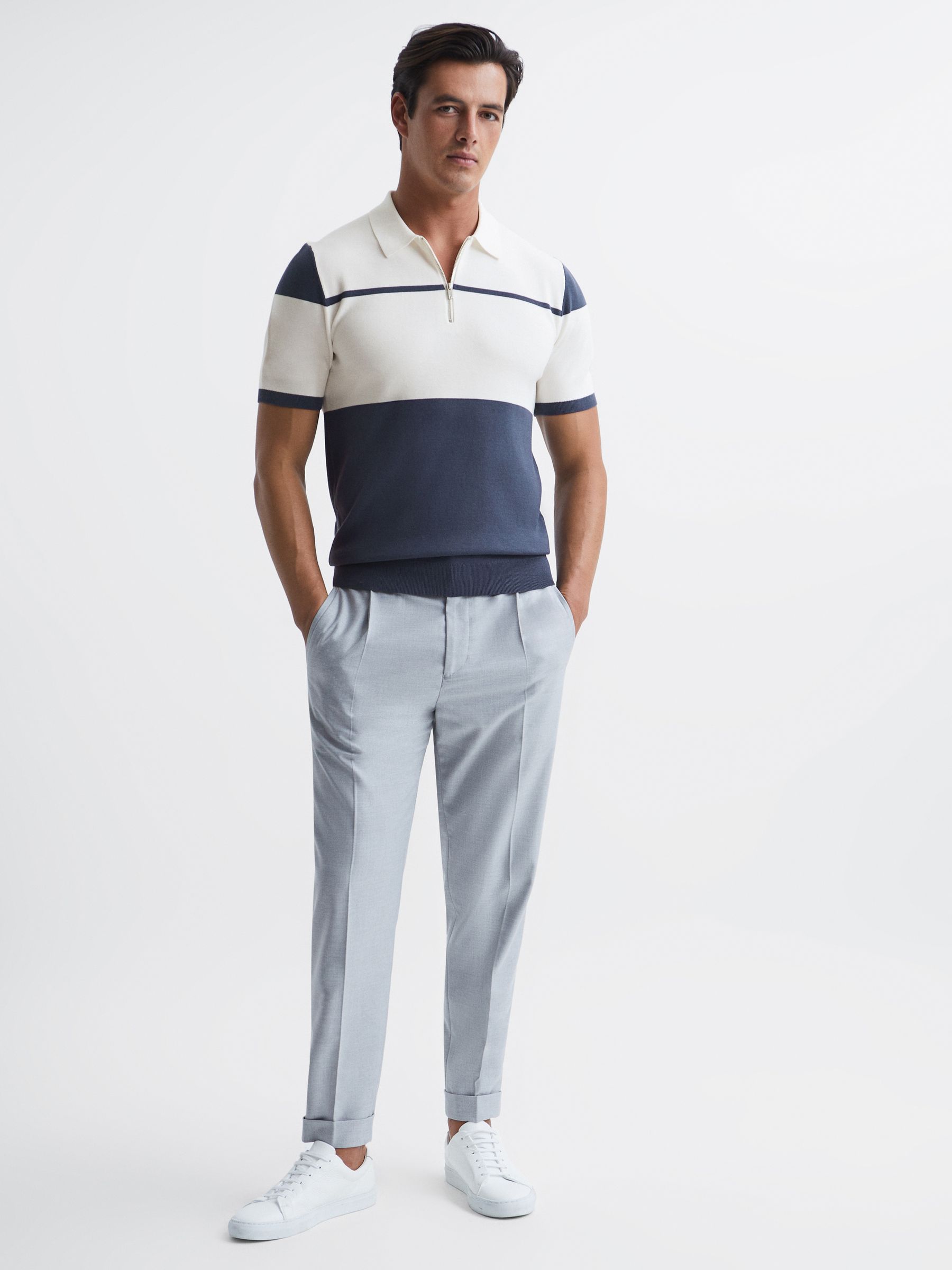 Slim Fit Half Zip Colourblock Polo Shirt in Airforce Blue/White - REISS