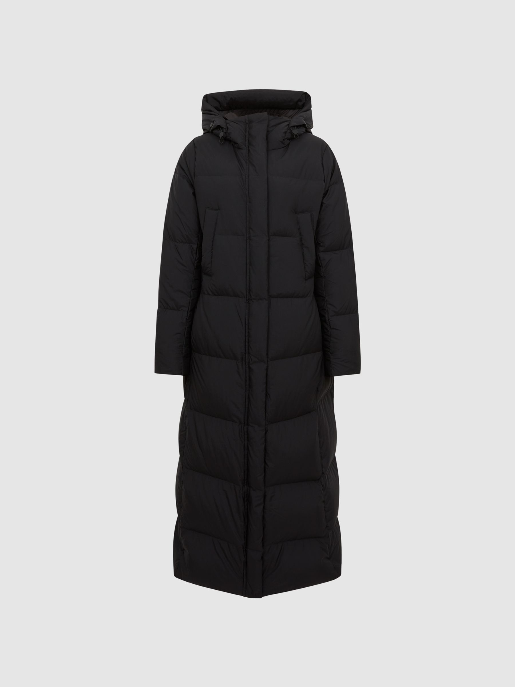 Longline Hooded Puffer Coat in Black - REISS