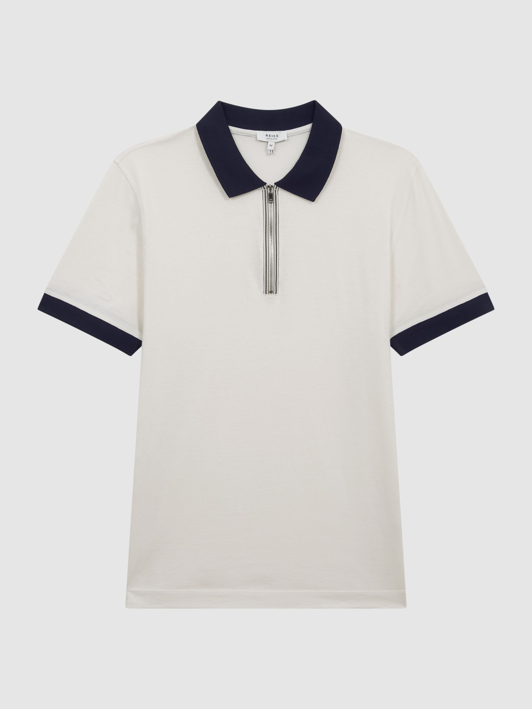 Mercerised Zip Neck Polo T-Shirt in White/Navy - REISS