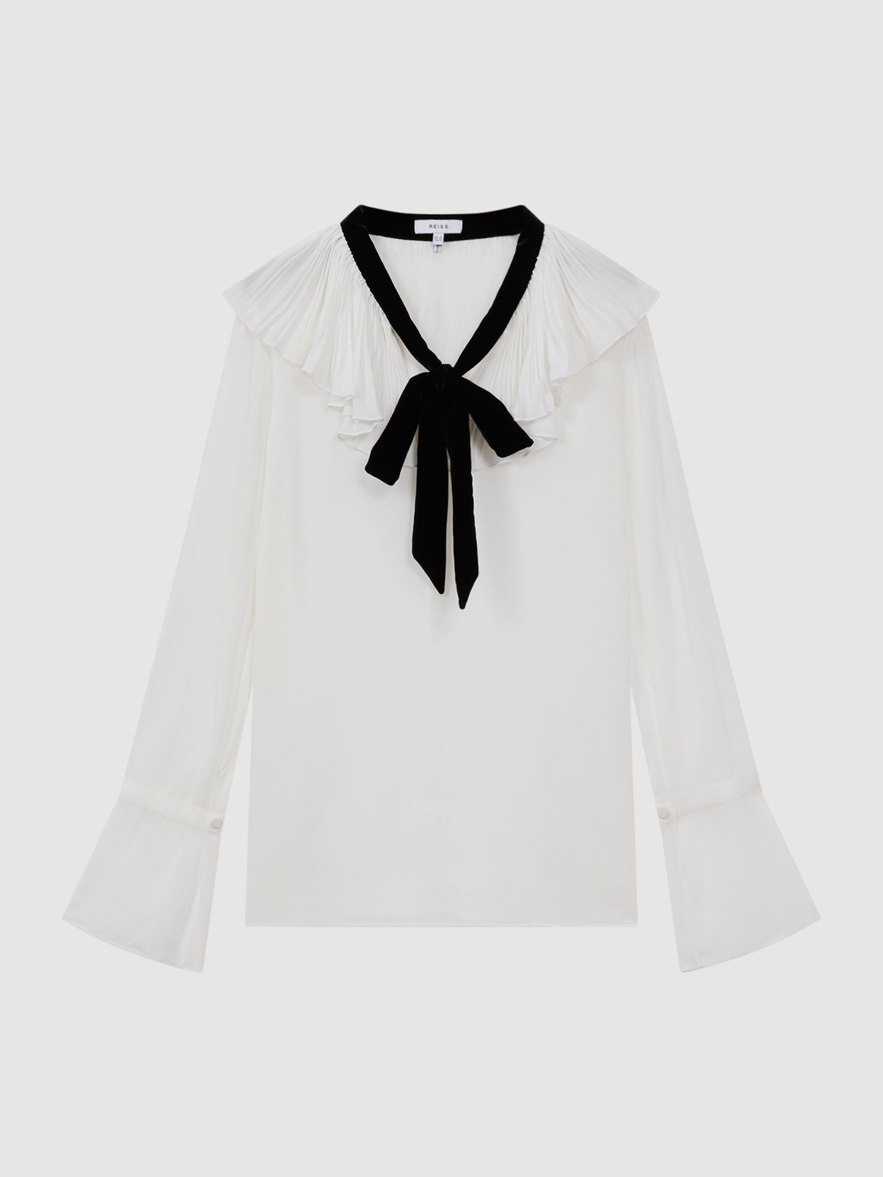 Sheer Ruffle Velvet Tie-Neck Blouse in Cream/Black - REISS