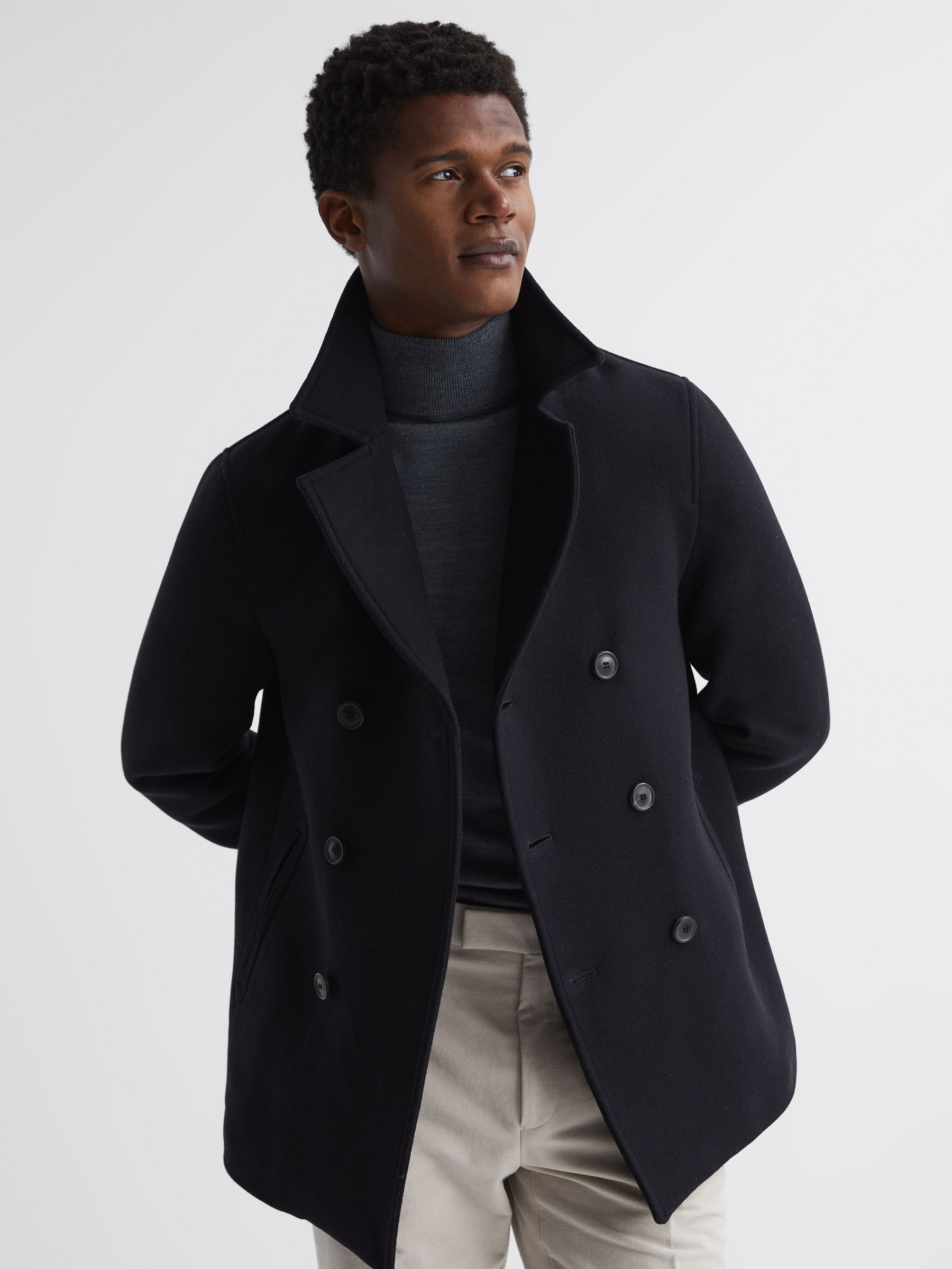 Shearling Mid Length Pea Coat in Navy - REISS