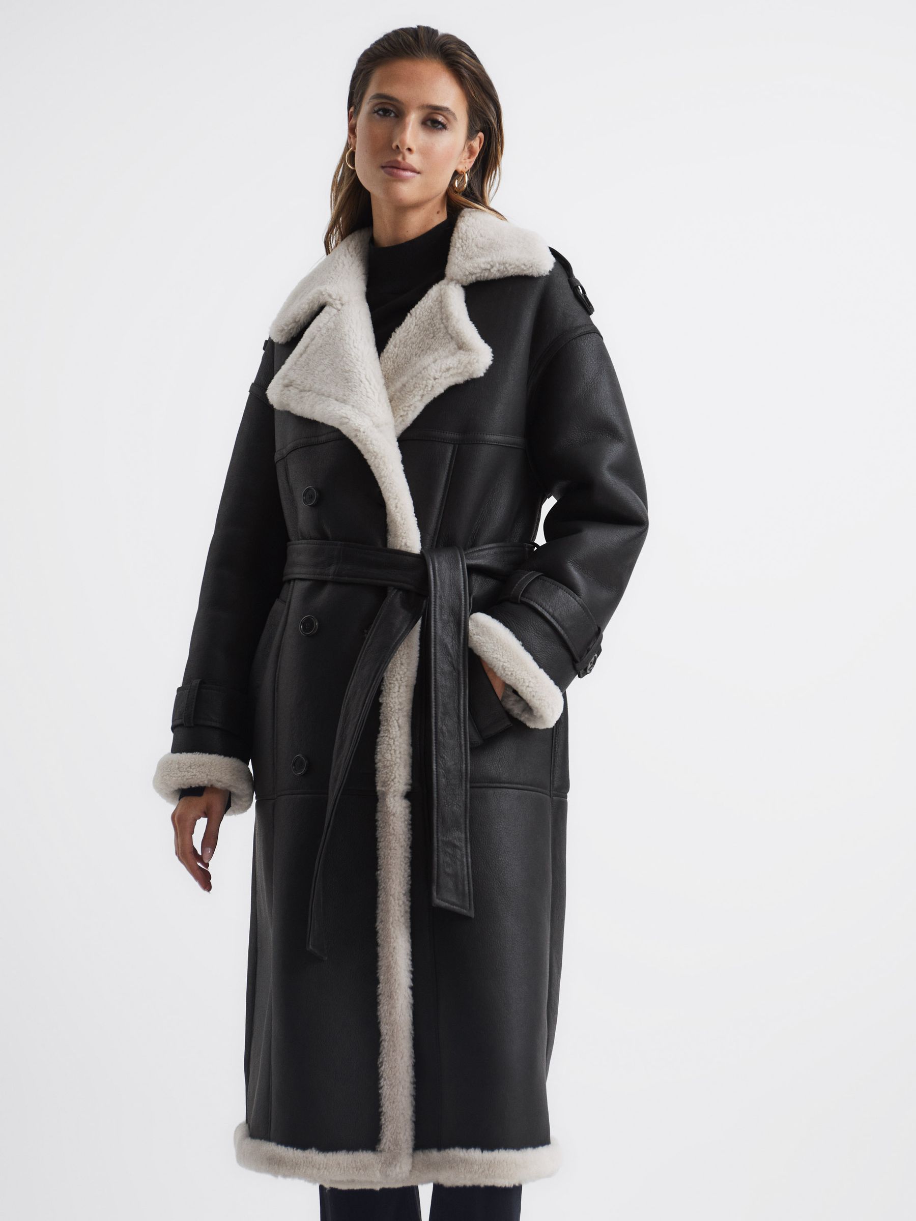 Shearling Trench Coat in Black - REISS