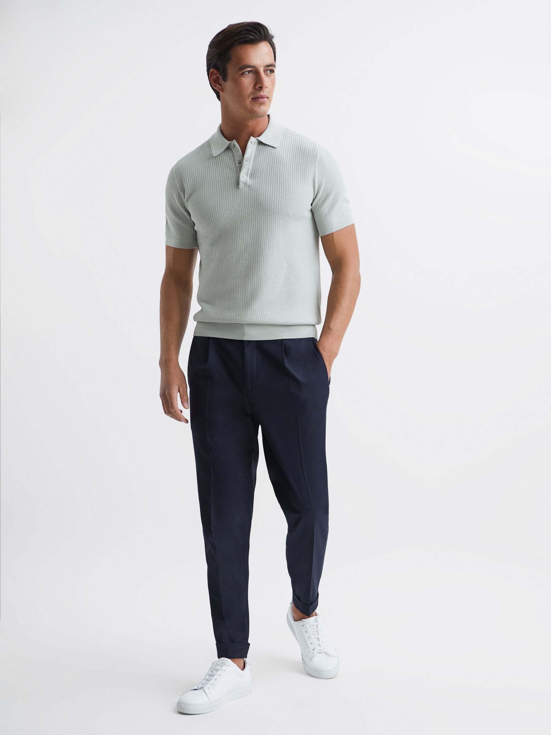 Press Stud Textured Polo Shirt in Soft Sage - REISS