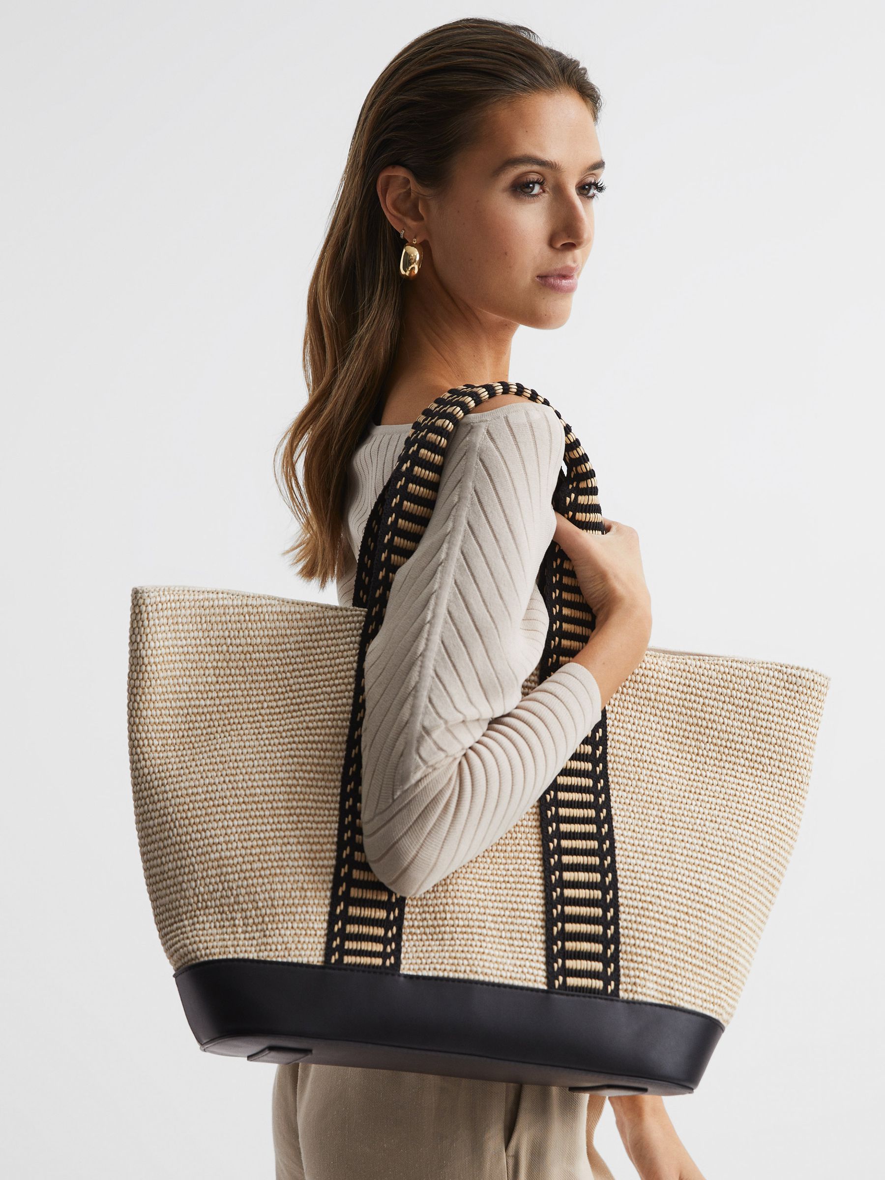 Raffia And Webbing Tote Bag in Natural/Black - REISS