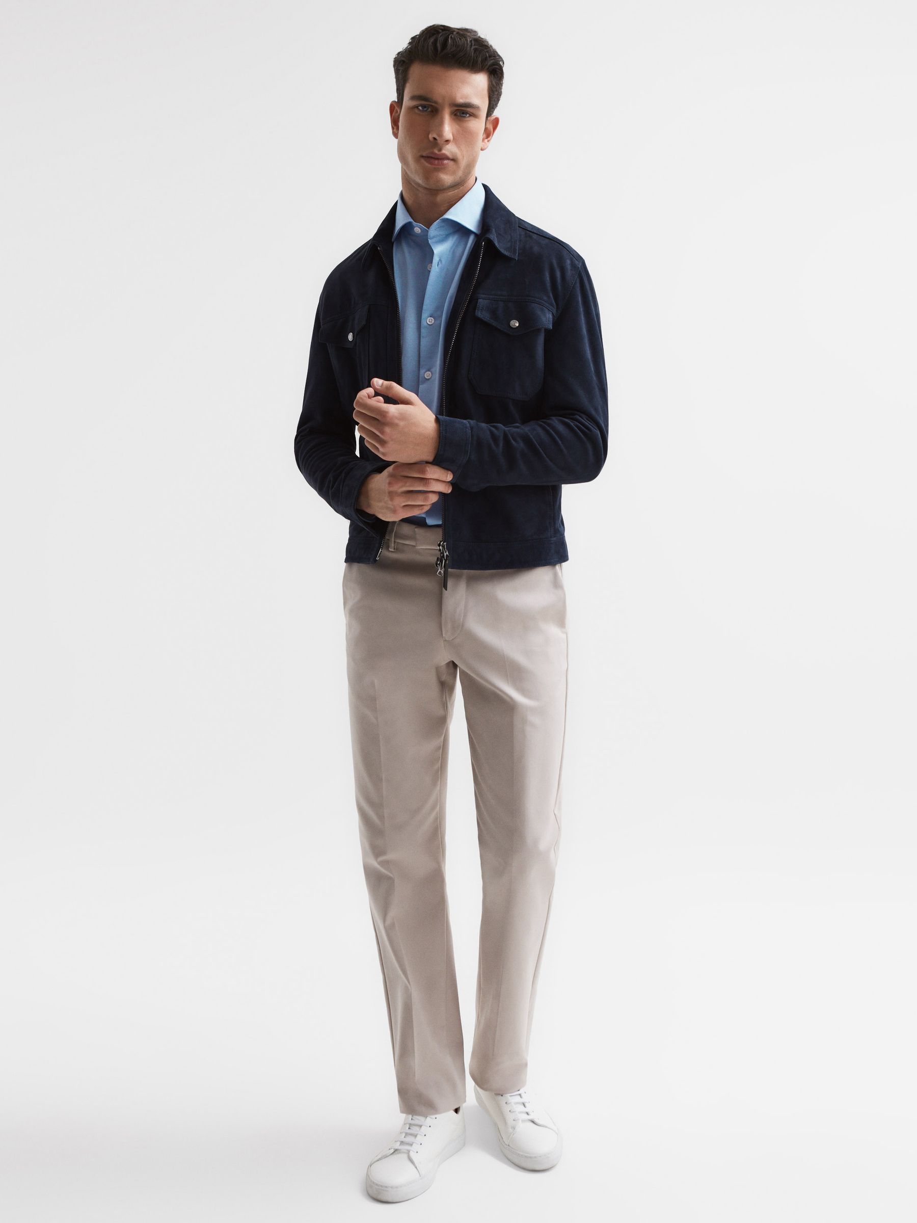 Cutaway Collar Jersey Slim Fit Shirt in Soft Blue - REISS