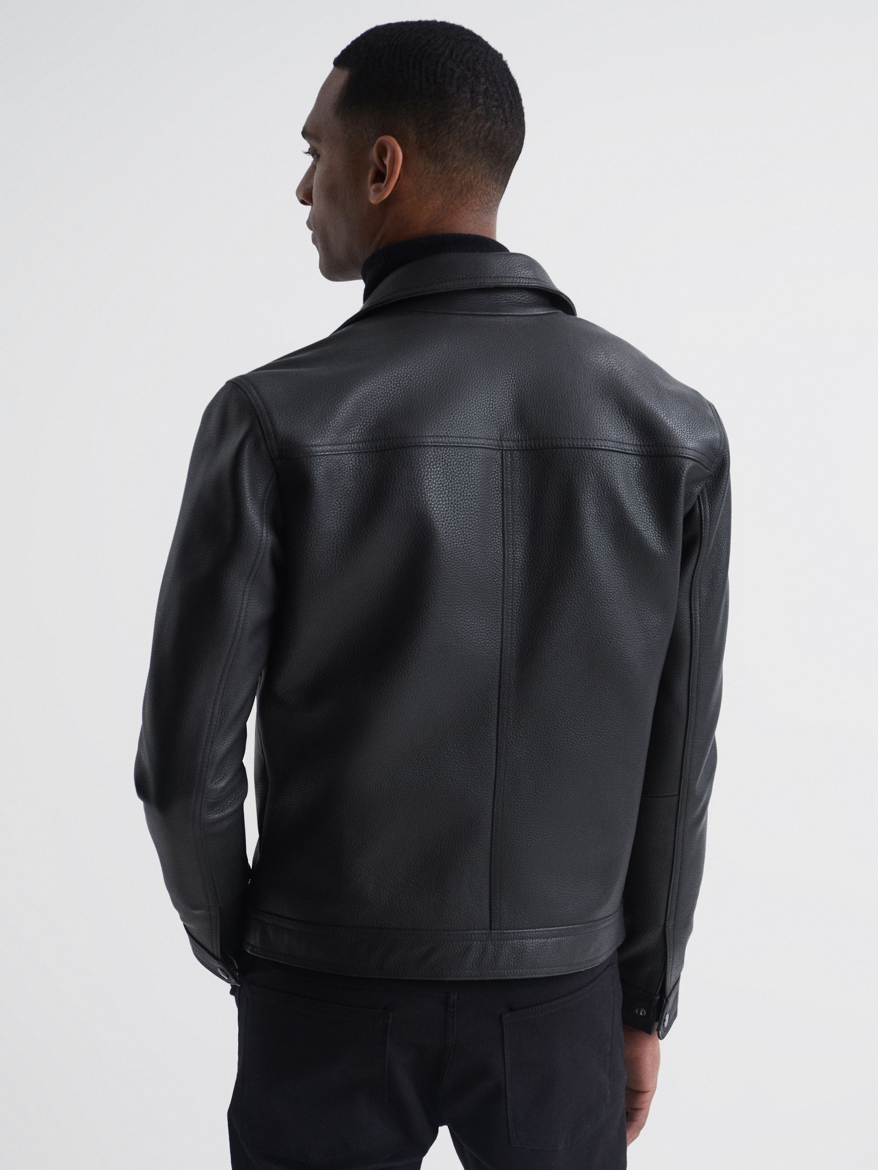 Zip Through Leather Jacket in Black - REISS