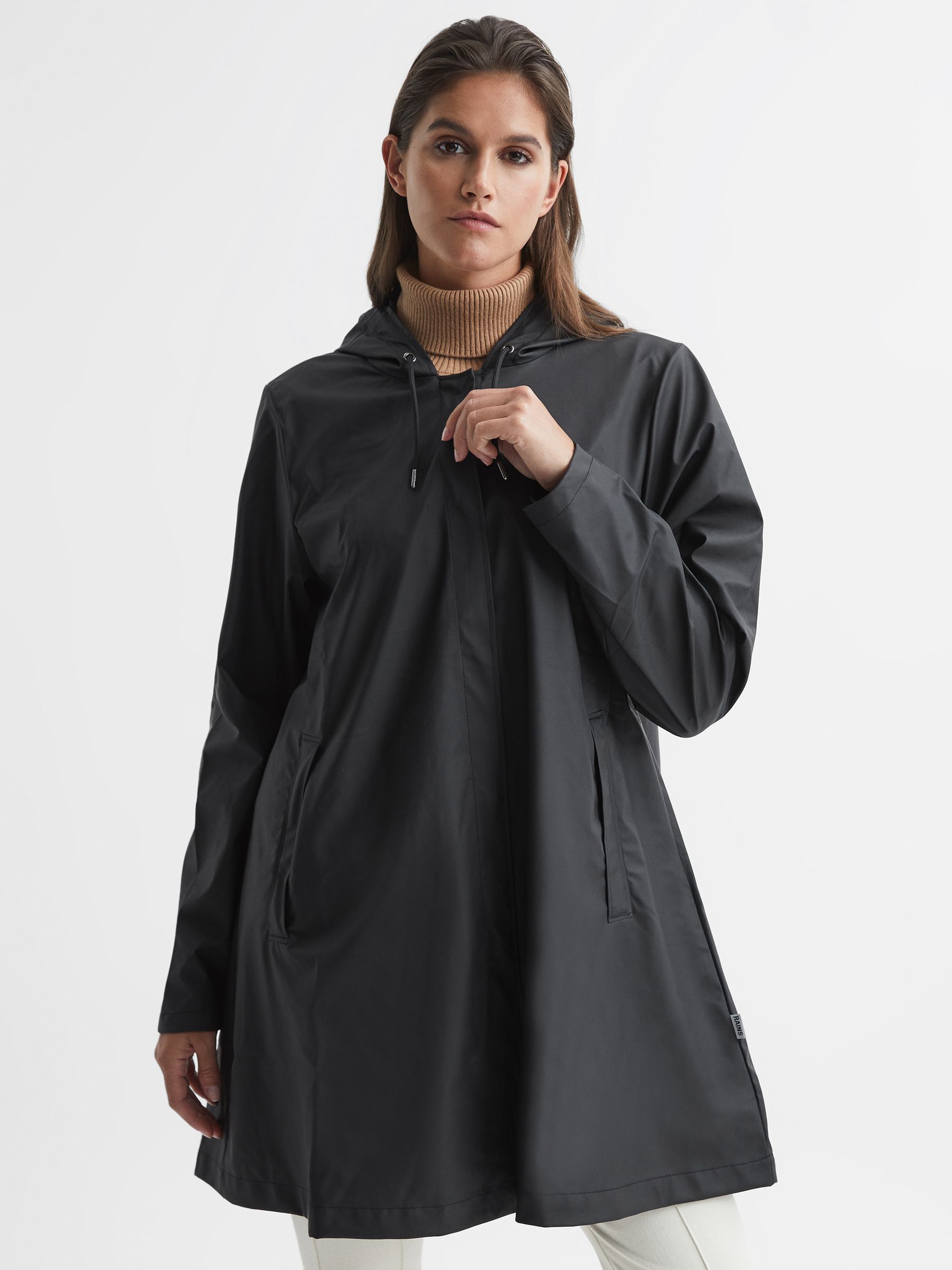 Rains Hooded A-line Jacket in Black - REISS