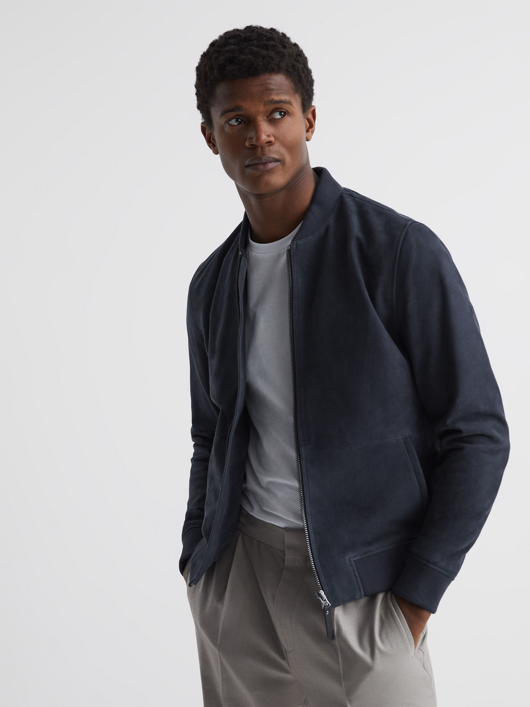 Suede Zip Through Bomber Jacket in Denim Blue - REISS