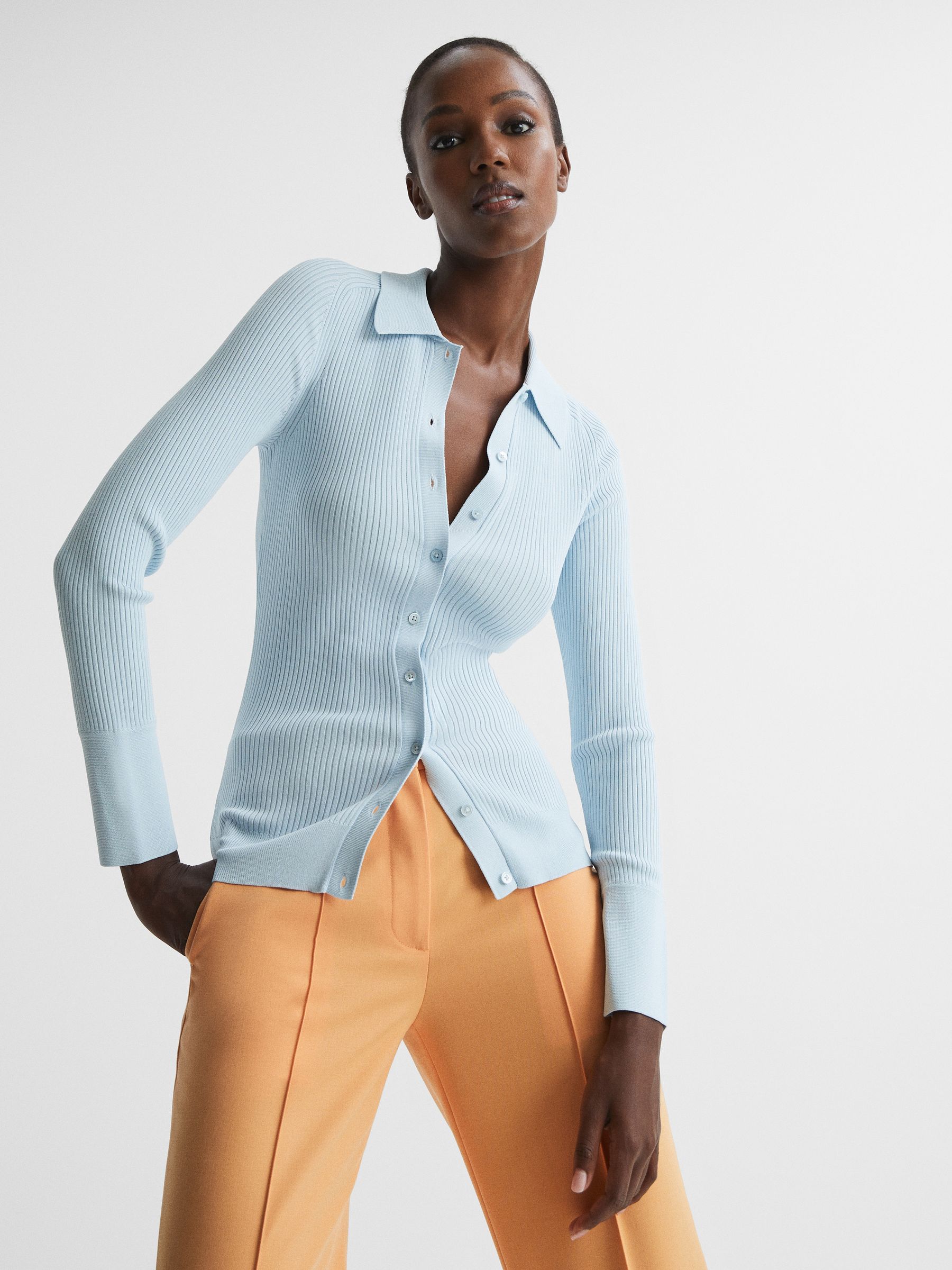 Ribbed Button Through Shirt in Light Blue - REISS