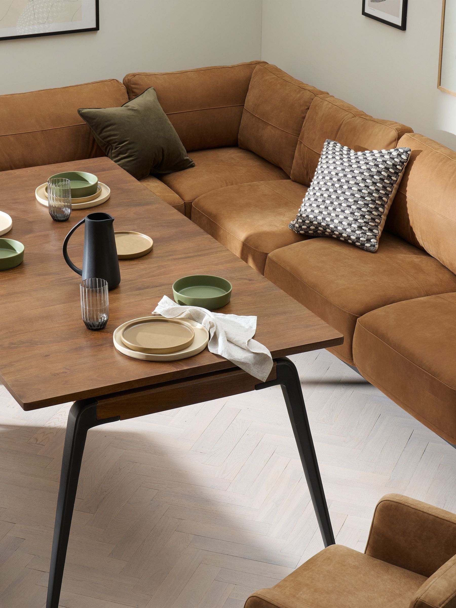 Buy Jarrod Leather Left Hand Facing Corner Sofa in Tan Brown from the