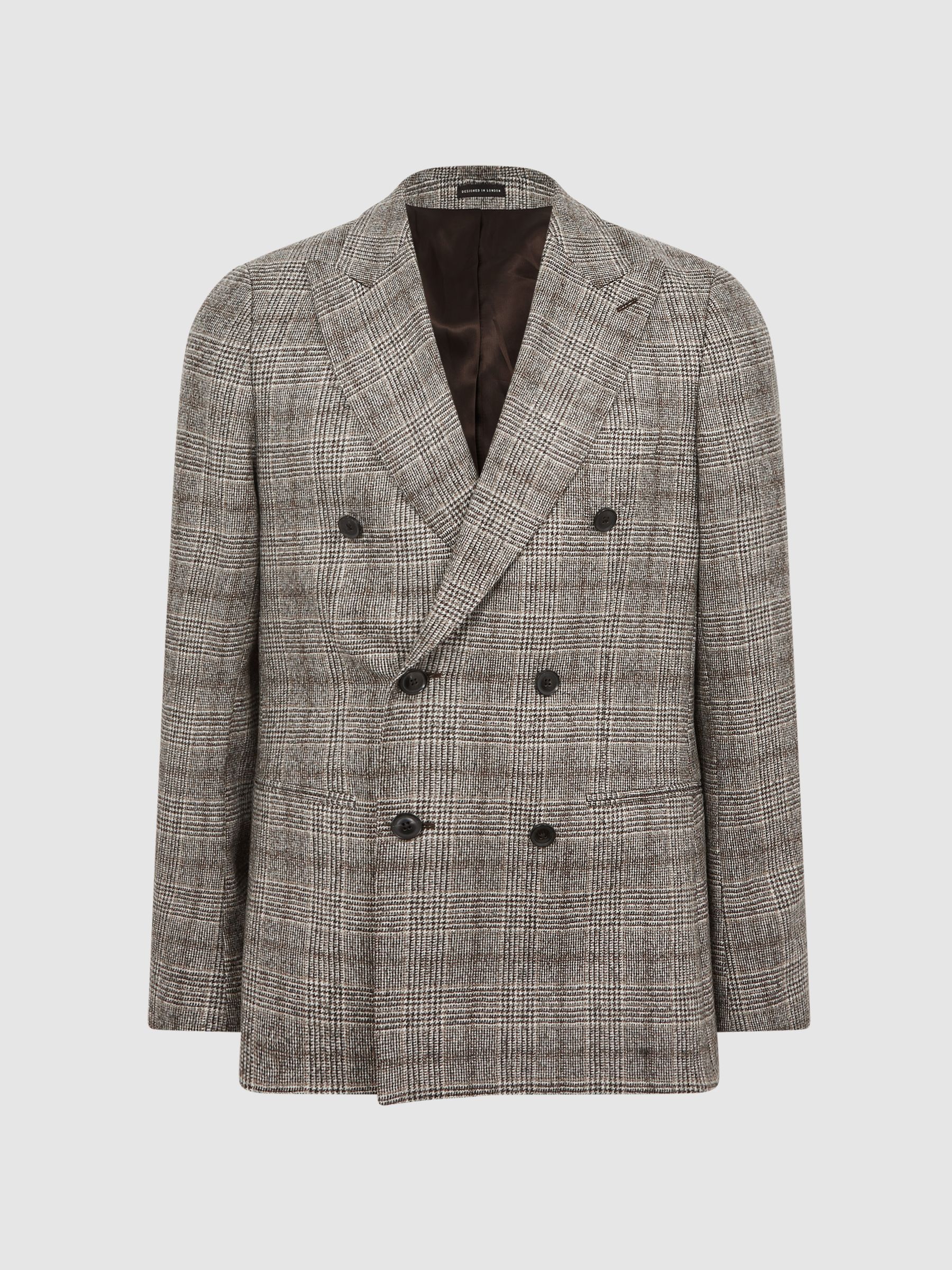 Slim Fit Double Breasted Prince Of Wales Check Blazer in Brown - REISS