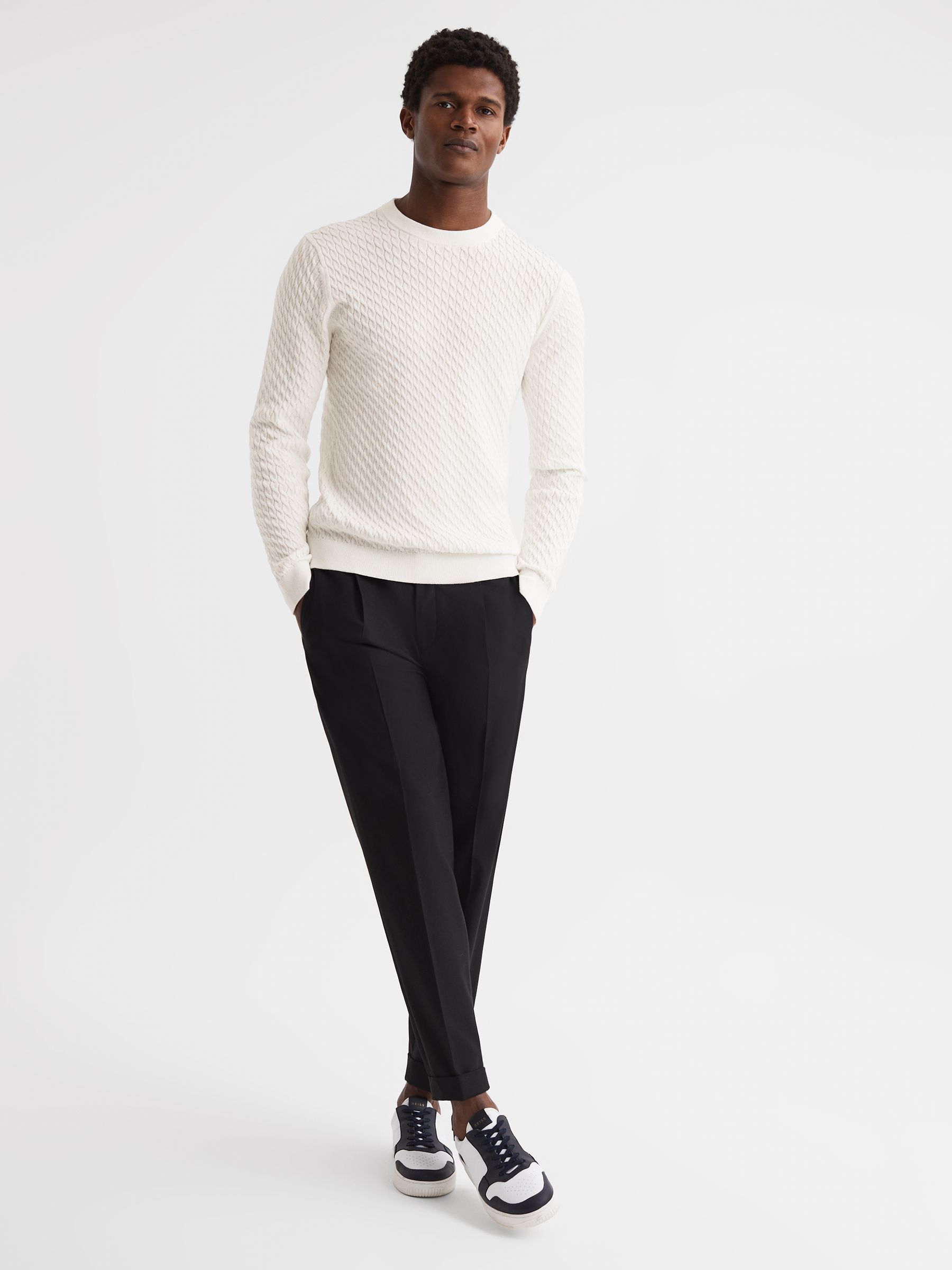 Crew Neck Cable Knit Jumper in Ivory - REISS