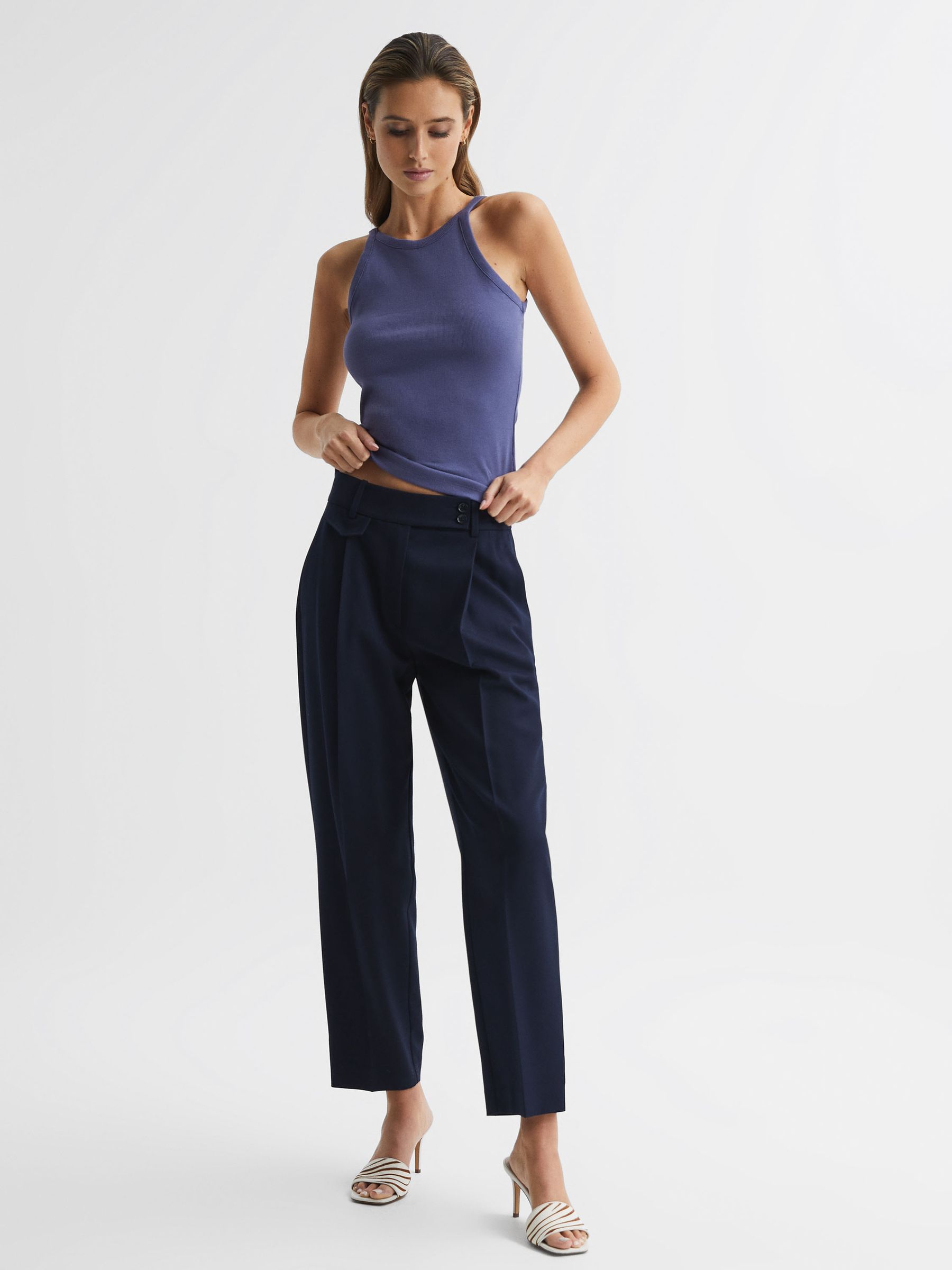 Crew Neck Ribbed Cami Vest Top in Dusty Blue - REISS