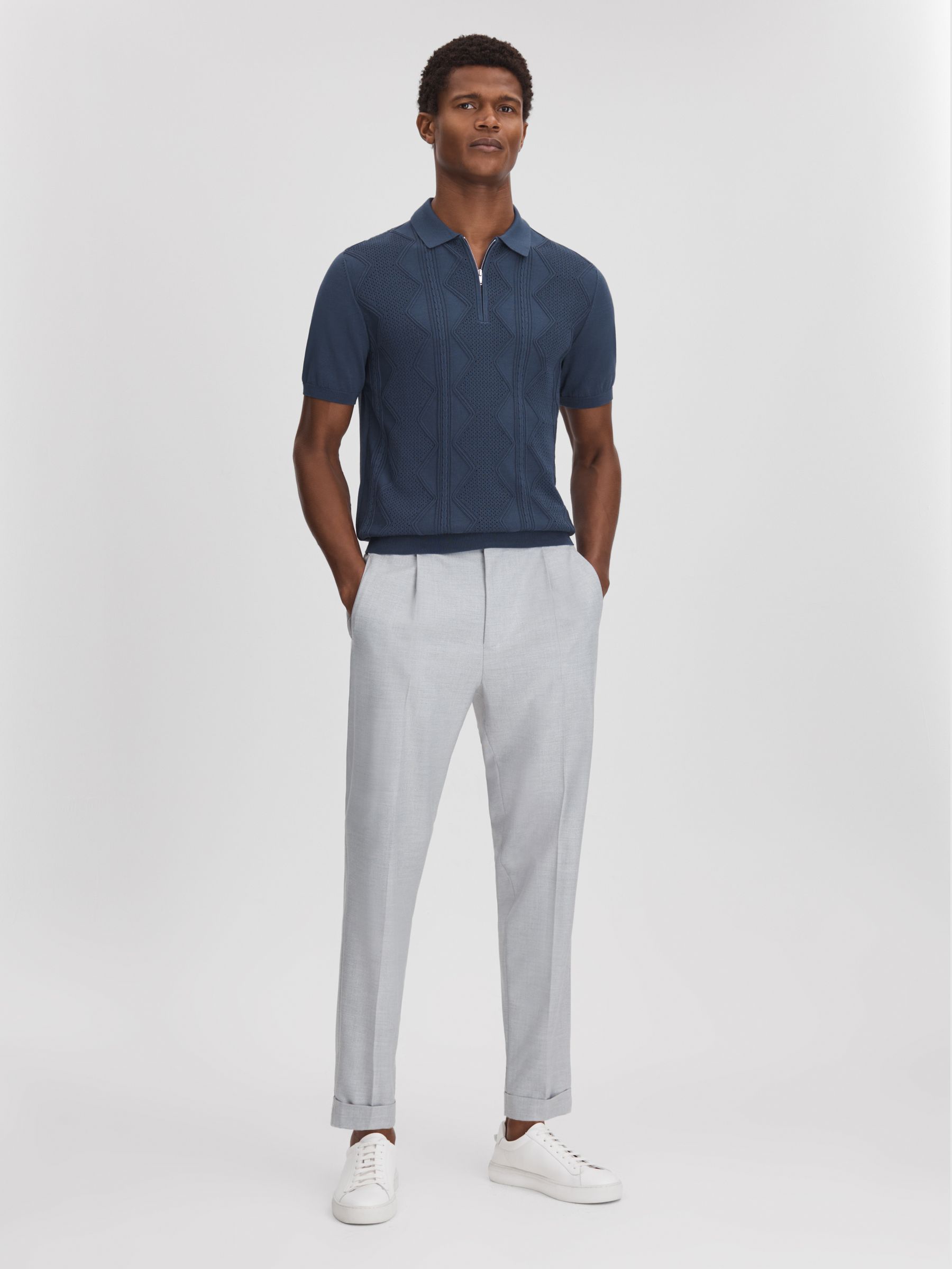 Cotton Half-Zip Polo Shirt in Blue Smoke - REISS