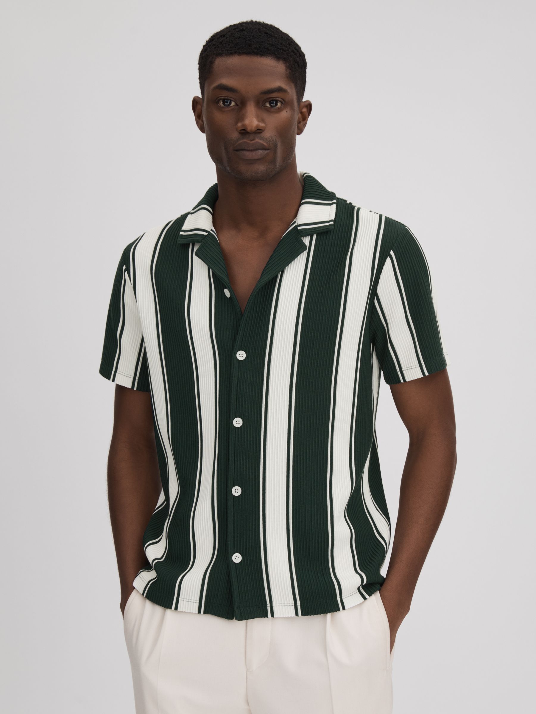 Slim Fit Ribbed Cuban Collar Shirt in Green/White - REISS