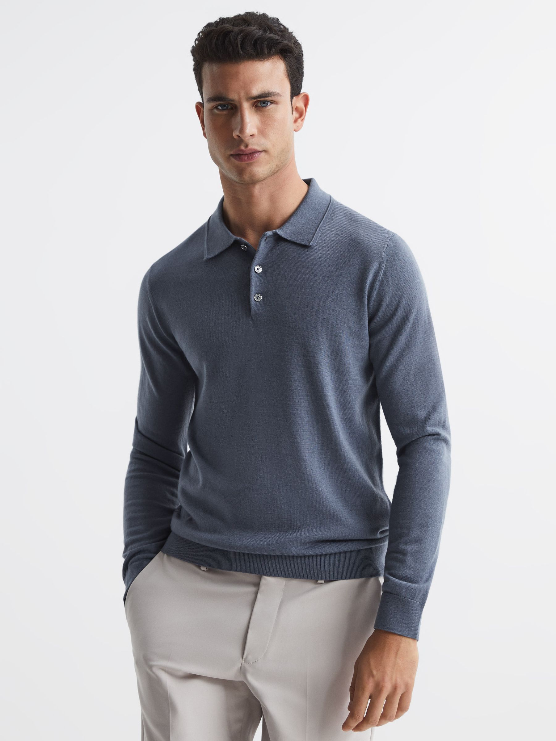 Merino Wool Polo Shirt in Nickel Blue - REISS