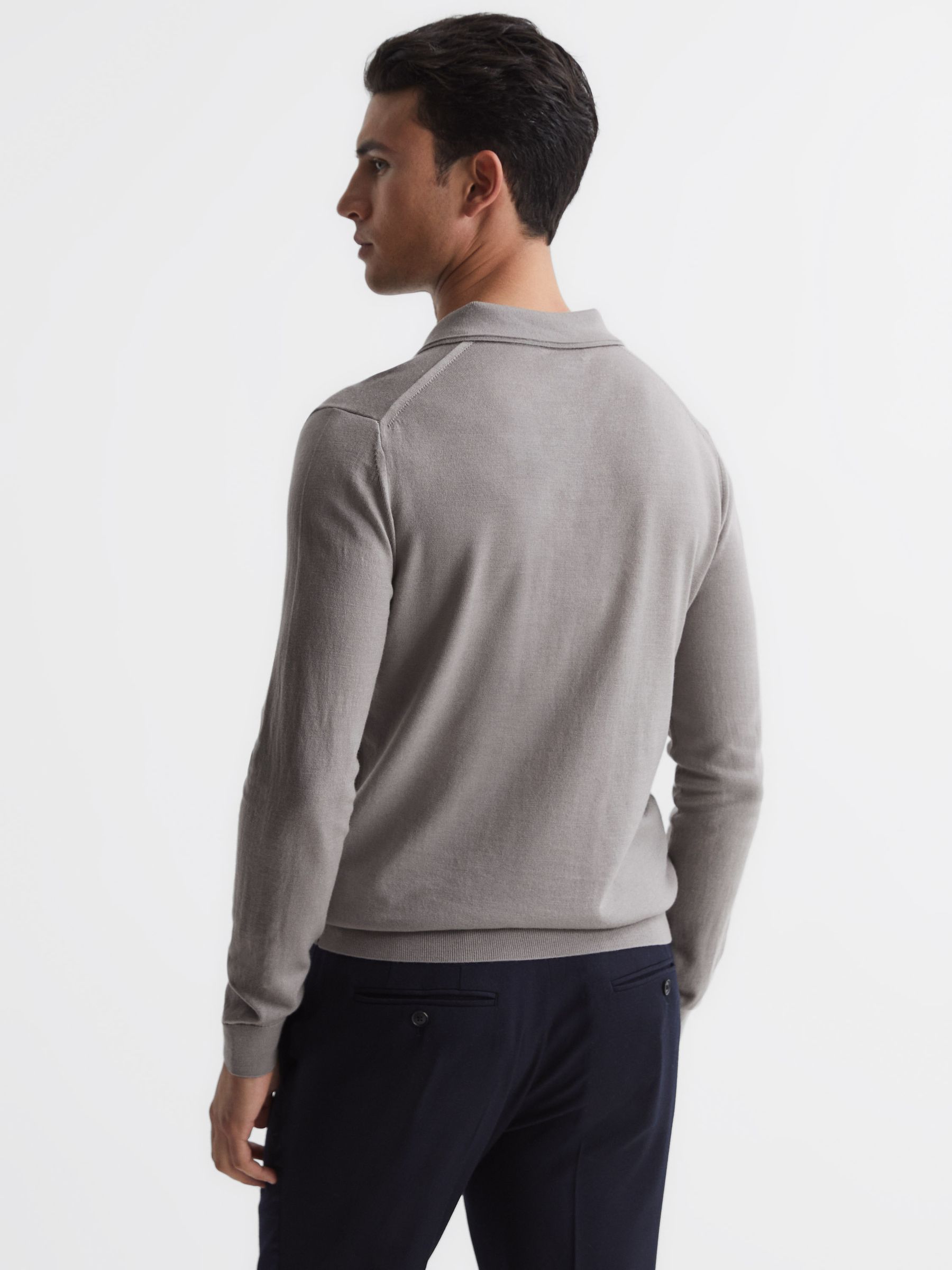 Merino Wool Open Collar Polo Shirt in Flint Grey - REISS