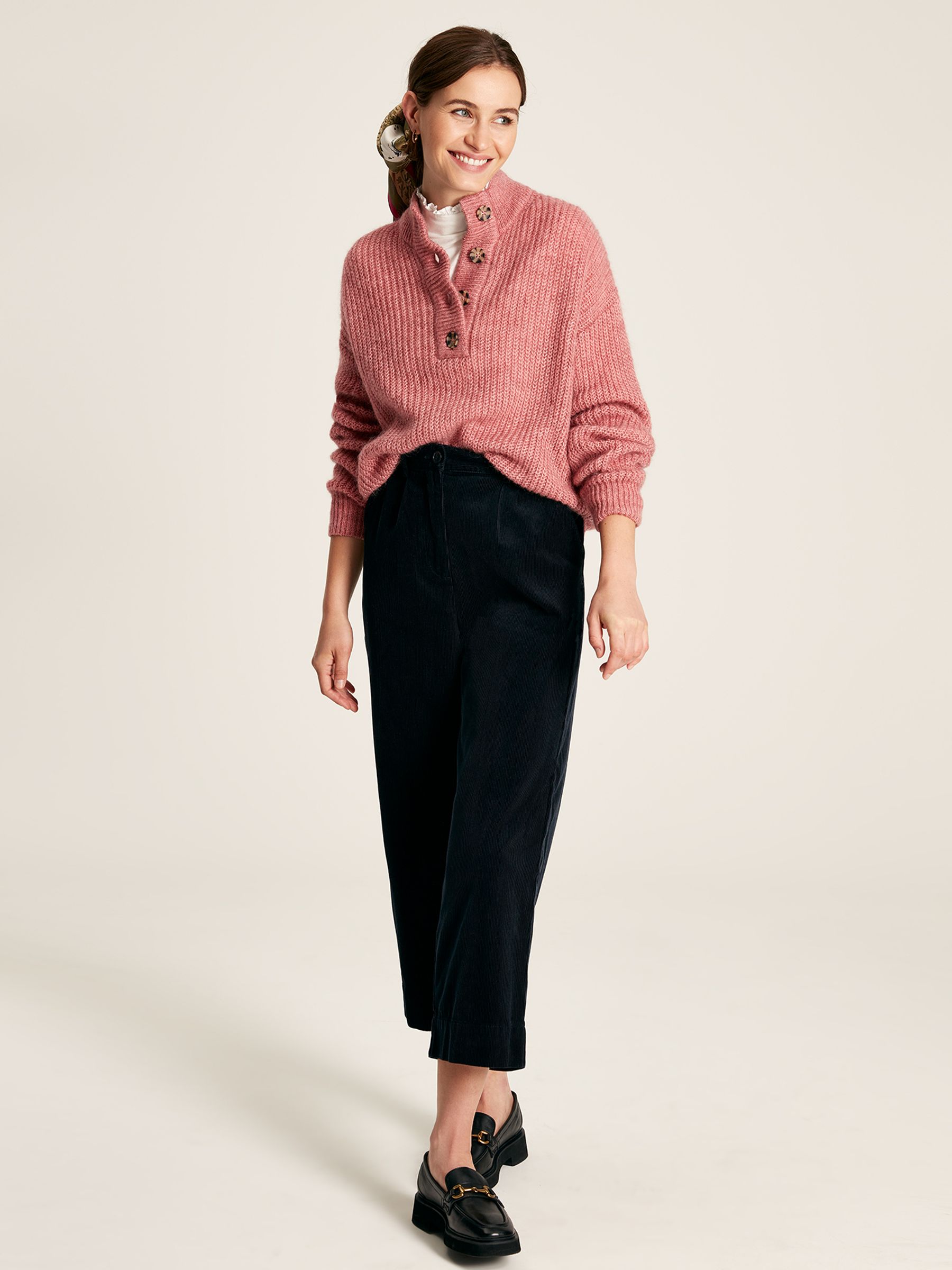 Buy Kayleigh Pink Button Neck Ribbed Jumper from the Joules online shop