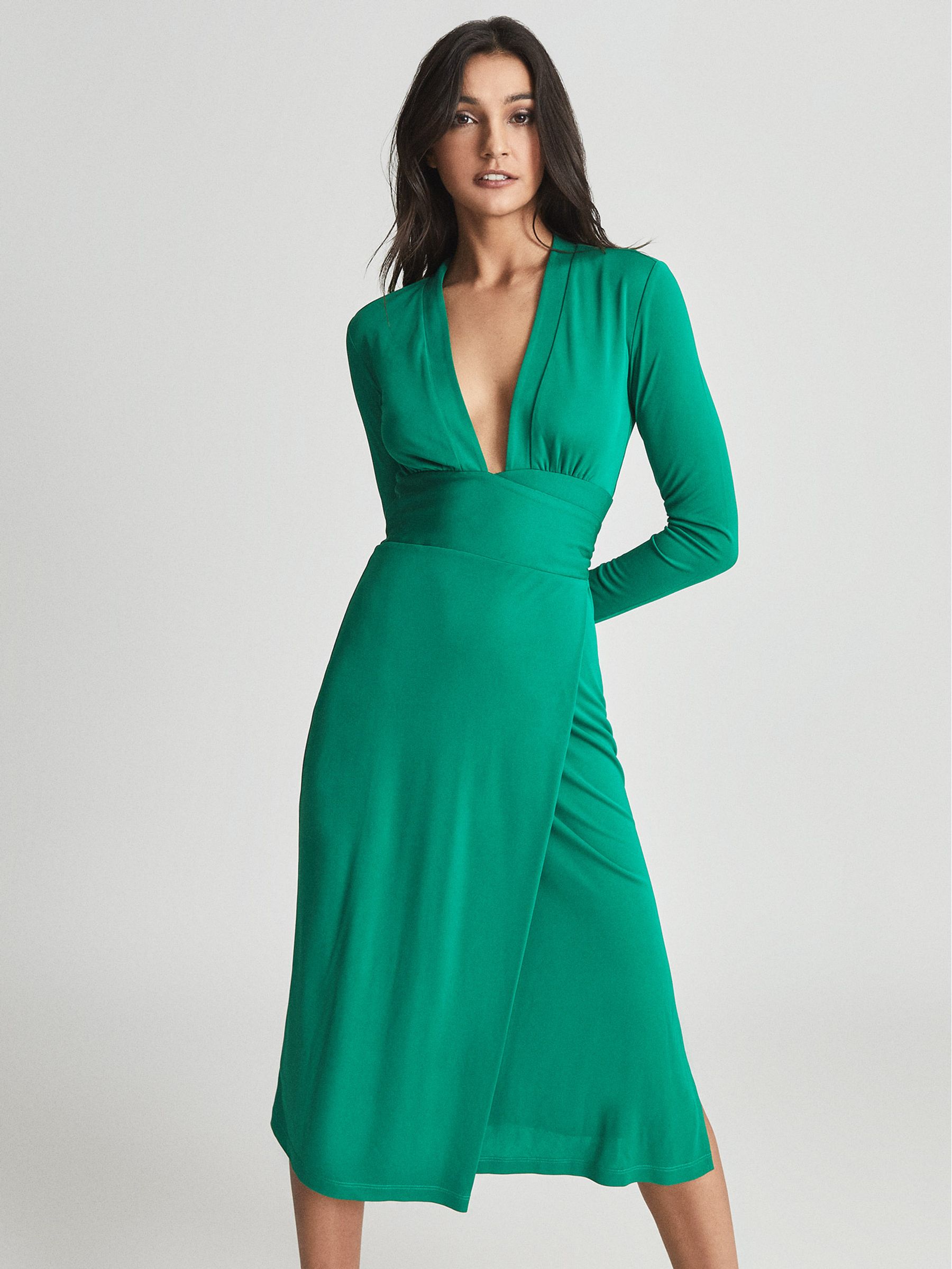 Viscose Plunge Neck Midi Dress in Green - REISS