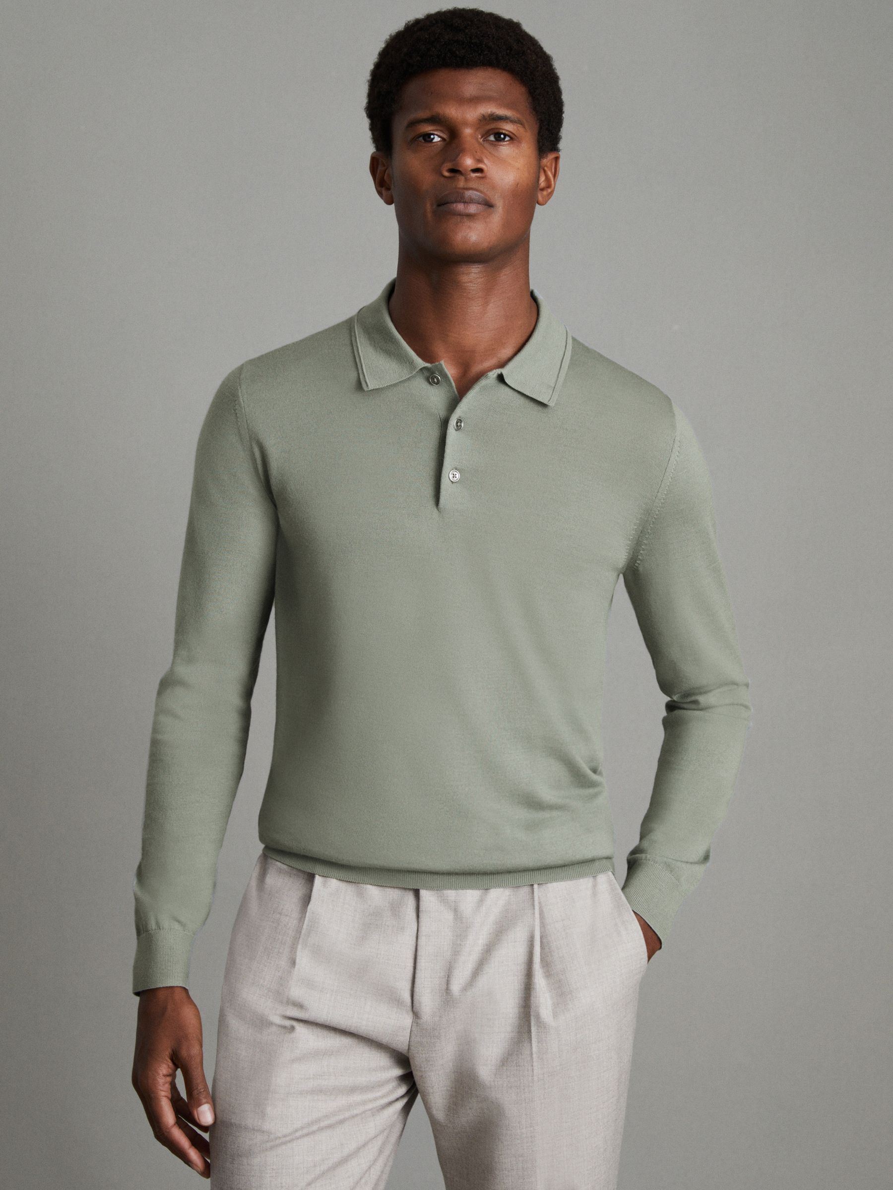 Merino Wool Polo Shirt in Pistachio - REISS