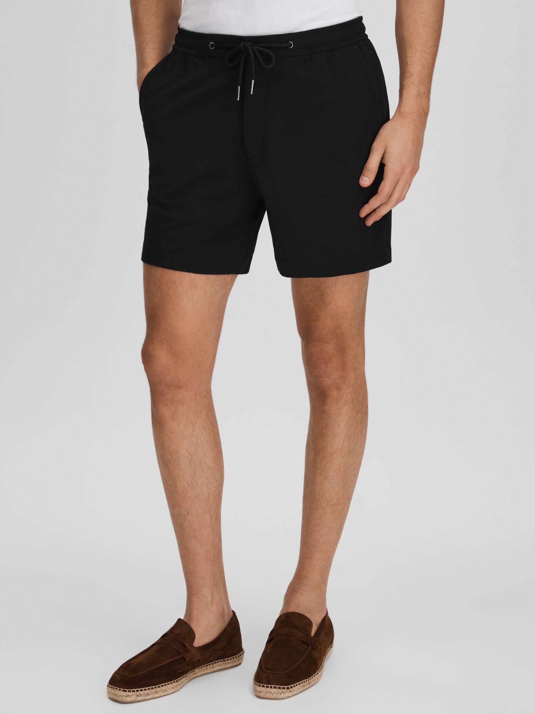 Textured Drawstring Shorts in Black - REISS