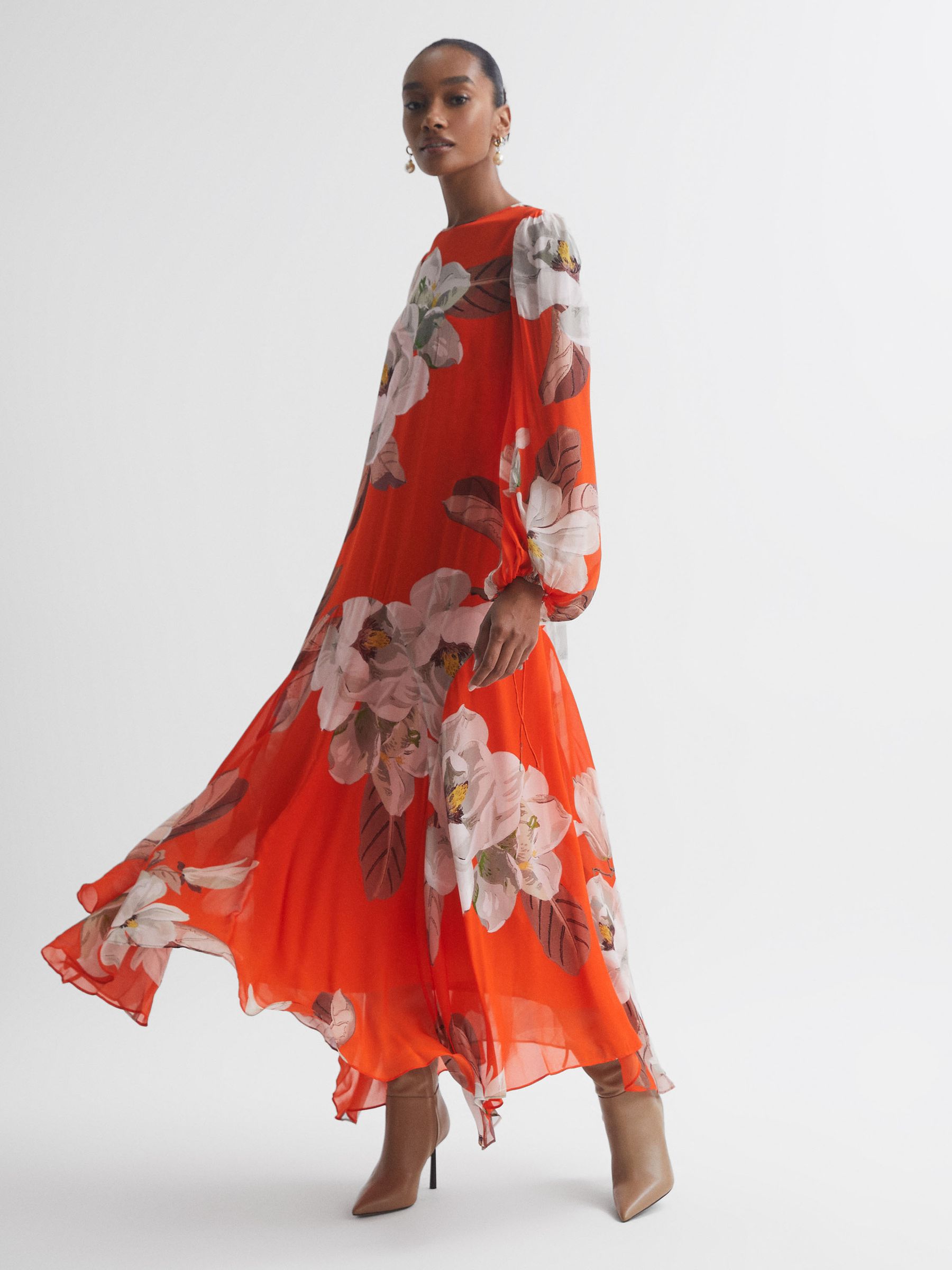 Florere Floral Asymmetric Midi Dress in Orange - REISS