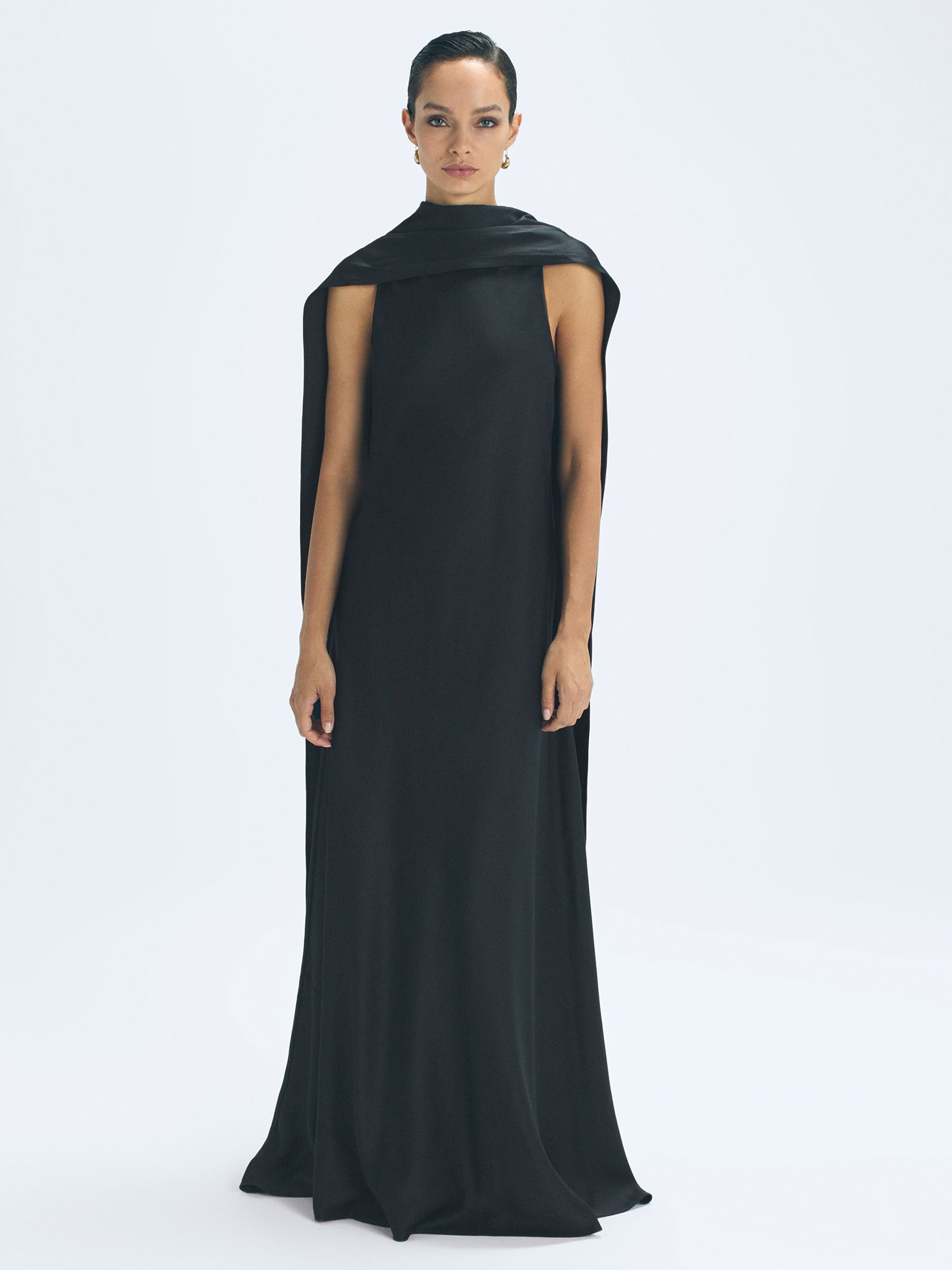 Atelier Duchess Satin Cape Maxi Dress in Black - REISS