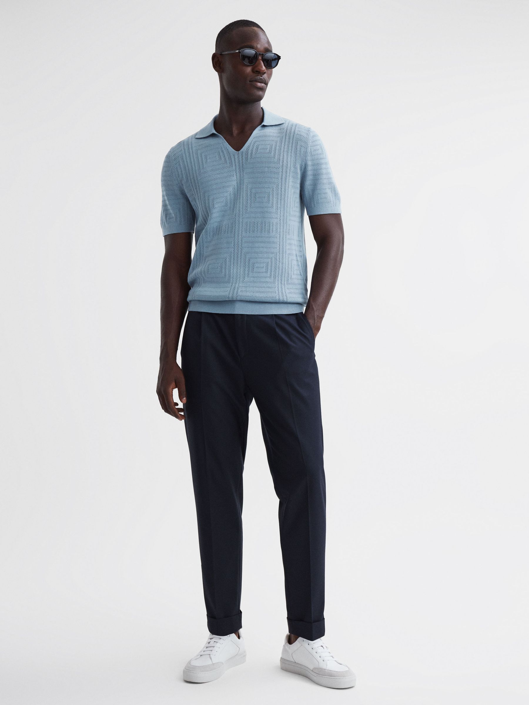 Slim Fit Knitted Cotton Shirt in Porcelain Blue - REISS