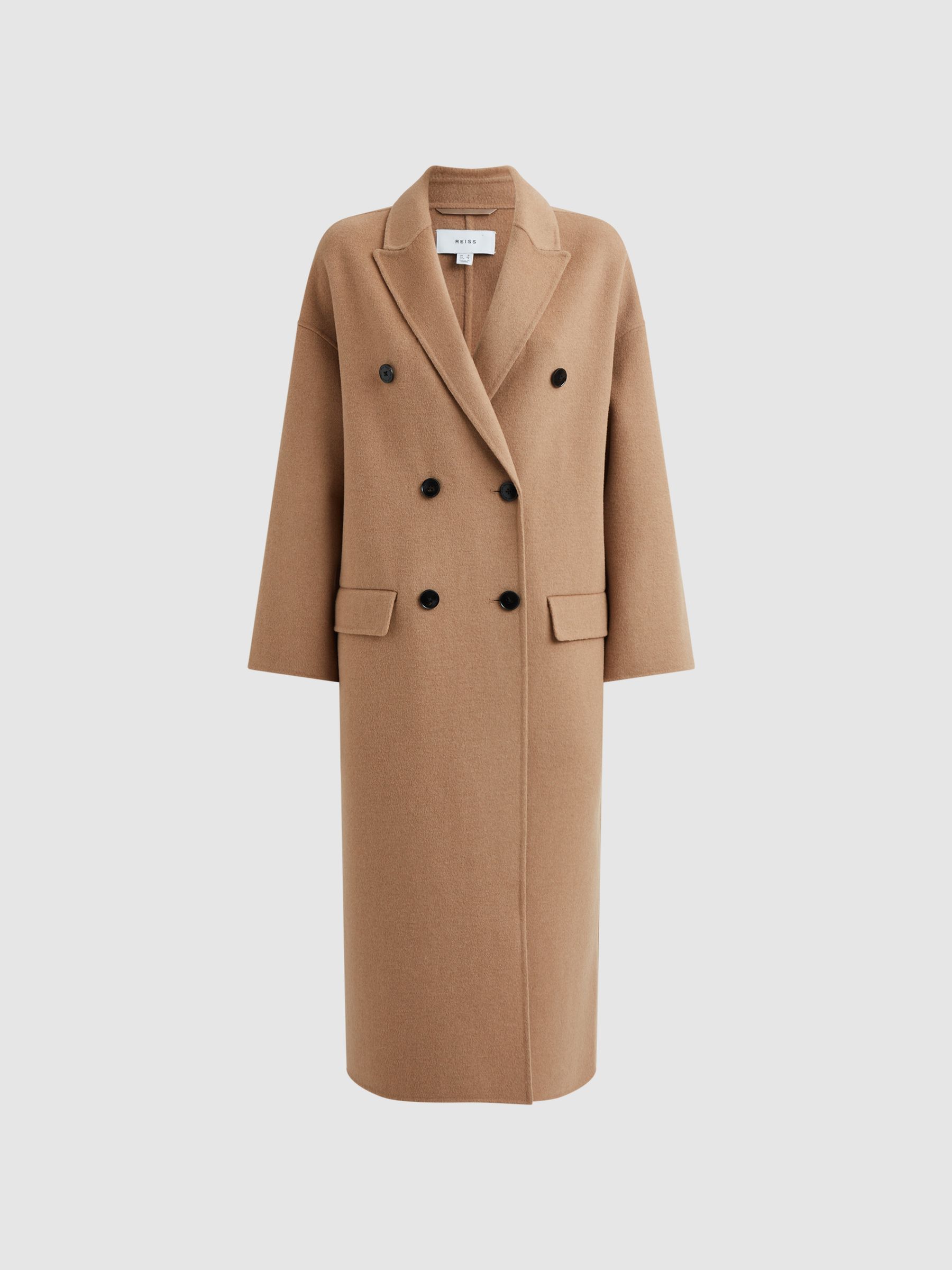 Petite Relaxed Wool Blend Double Breasted Coat in Camel - REISS