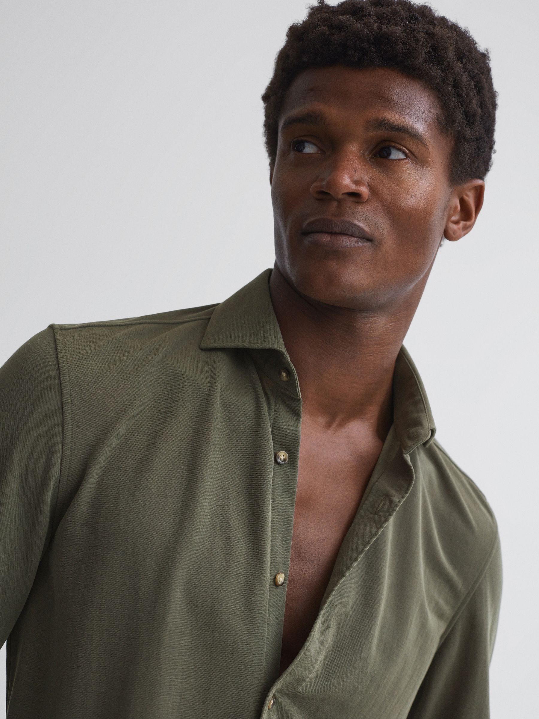 Slim Fit Cutaway Collar Modal Shirt in Khaki - REISS