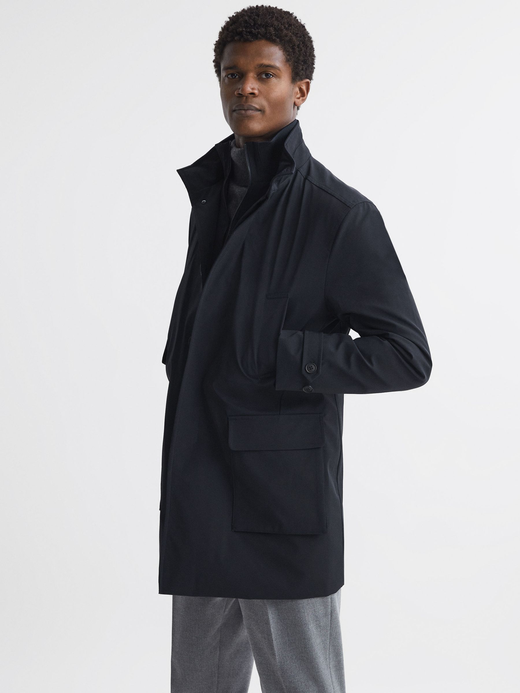 Funnel Neck Removable Insert Jacket in Navy - REISS