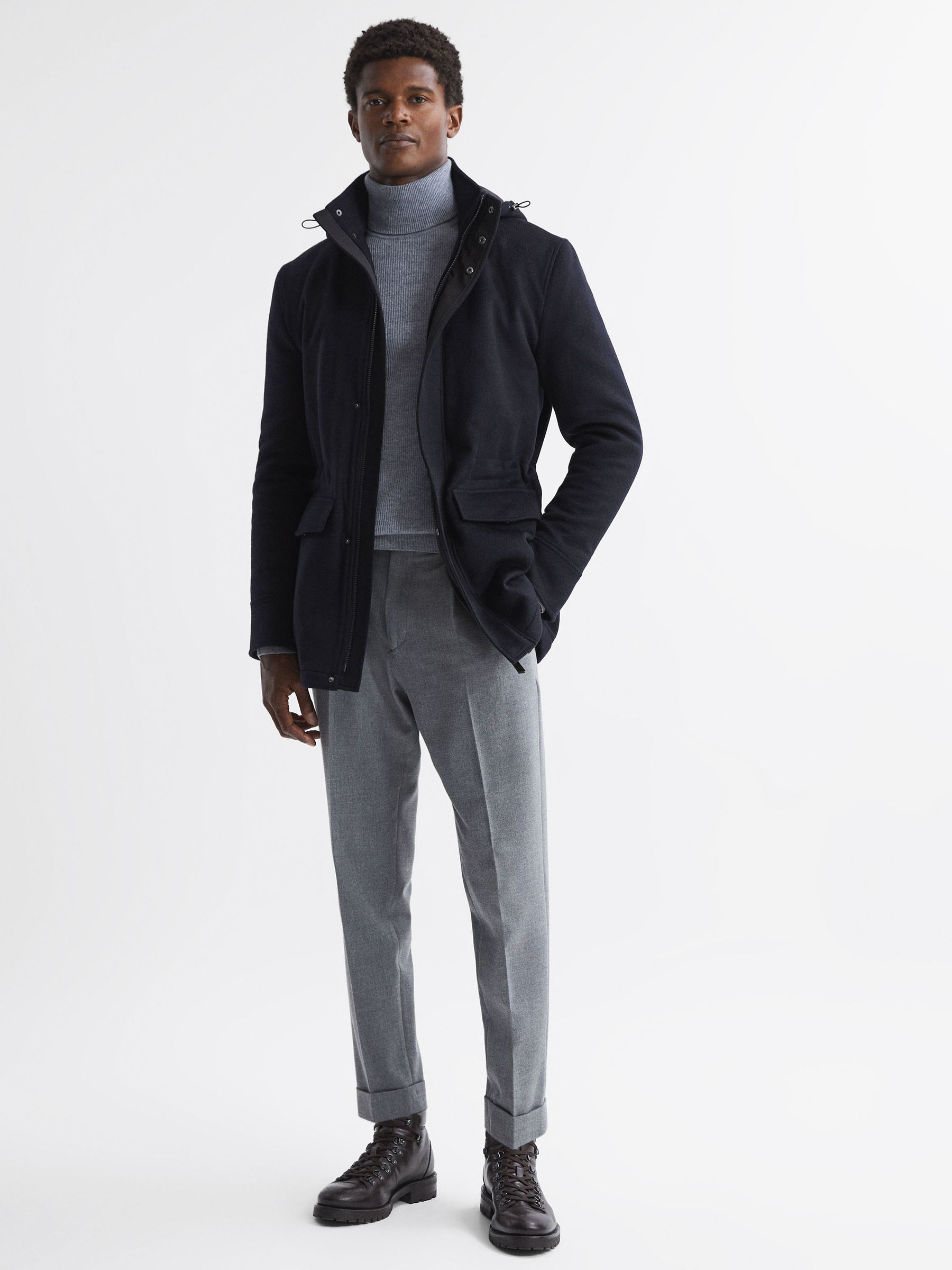 Wool Blend Removable Hooded Coat in Navy - REISS